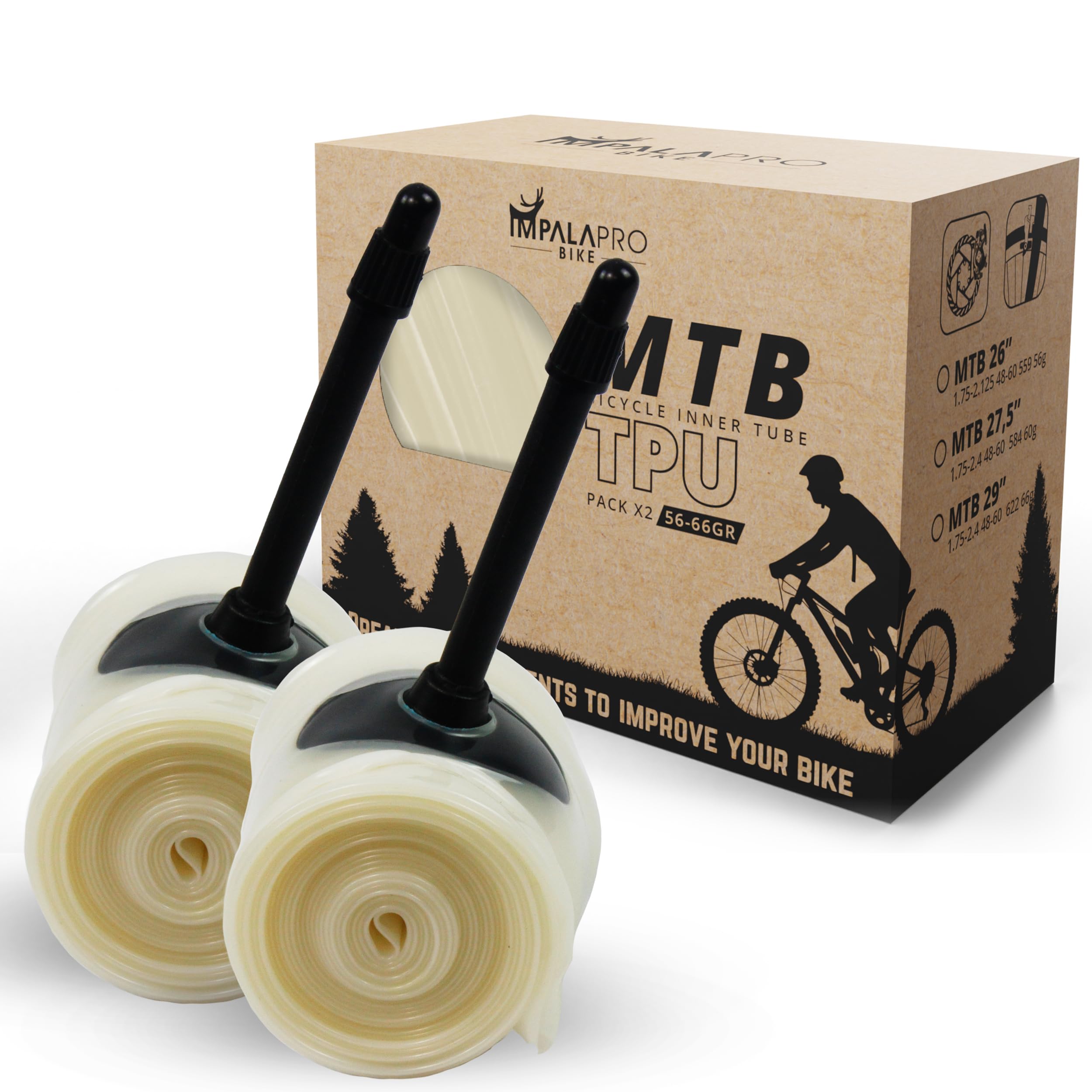 IMPALAPRO - TPU Inner Tube for MTB (56-66g) Lightweight, 26", 27.5" & 29" x 1.75-2.4 Wheels, Presta Valve 45mm - TPU Inner Tubes (2pcs 26)