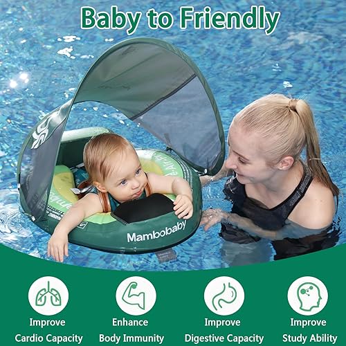 Miniatura 5 de Flotador Upgread Mambobaby 2026, flotadores para bebé con toldo para bebés de 3 a 24 meses, flotadores de piscina no inflables con correa de Verde