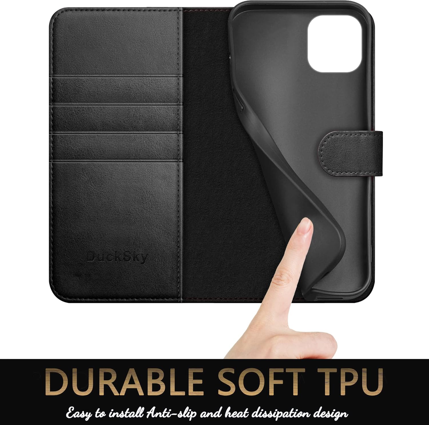 DuckSky for iPhone 15 6.1" Genuine Leather Wallet case 【RFID Blocking】【4 Credit Card Holder】【Real Leather】 Flip Folio Book Phone case Protective Cover Women Men for Apple 15 case Black