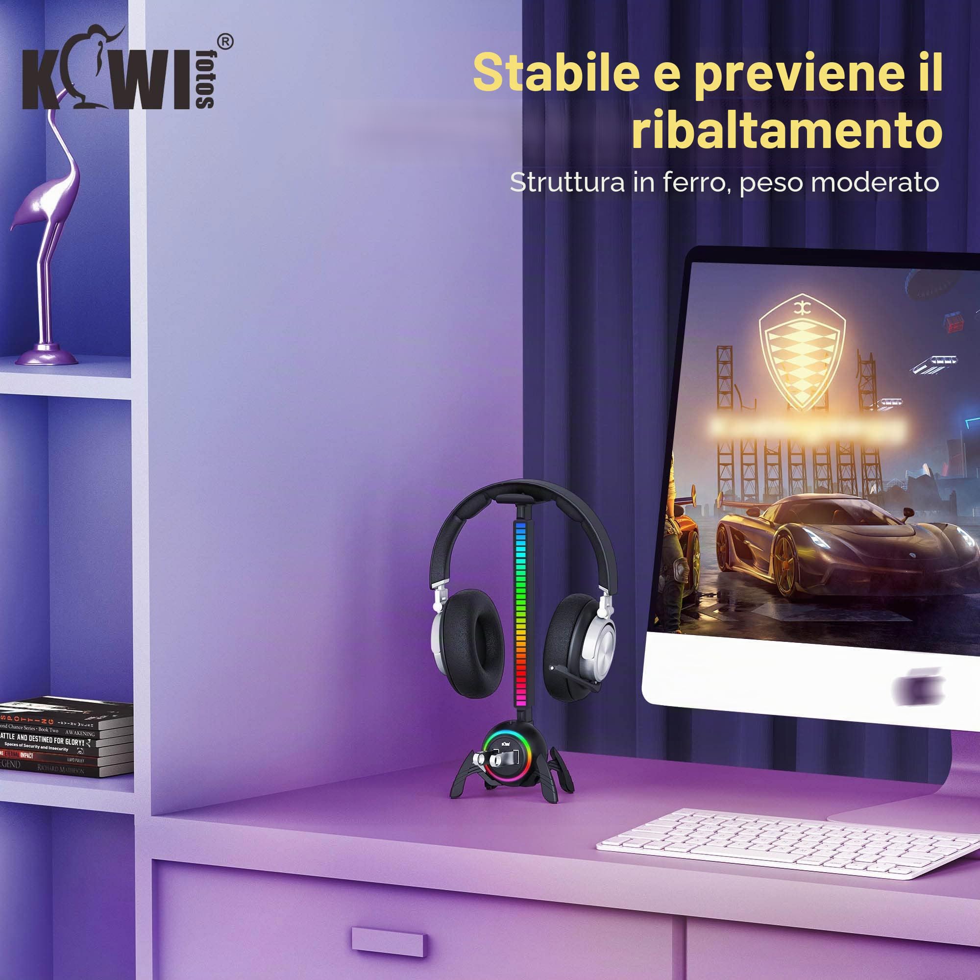KIWIFOTOS Supporto per cuffie con hub USB, supporto per cuffie RGB con base antiscivolo a forma di ragno, accessori da gioco per PC, adatto per giochi da tavolo e accessori per auricolari