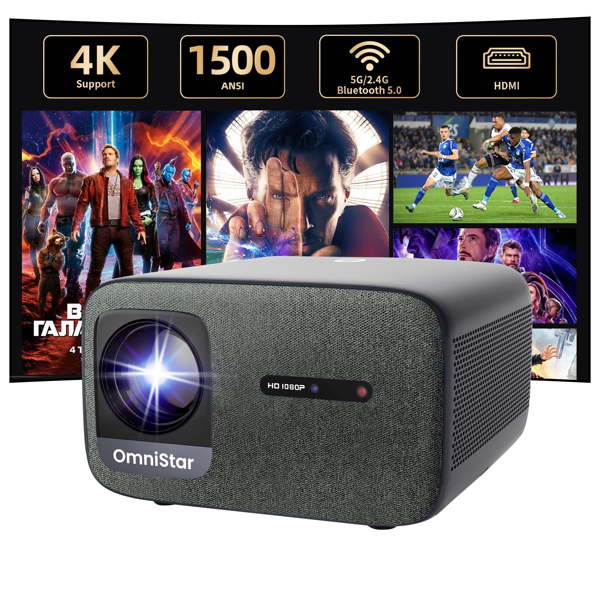 CASIRIS Omnistar Proiettore 1500 ANSI| Messa a fuoco automatica | Supporto 1080P Full HD 4K | Proiettore video Bluetooth 16:9 5G WiFi per TV Stick, Home Cinema, Ufficio, Club, Esterno