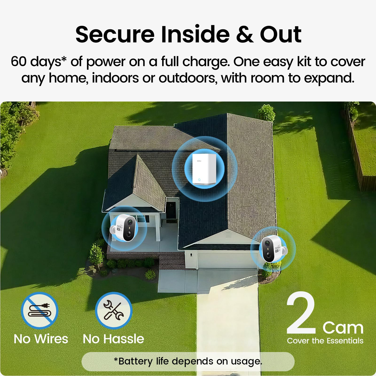 aosu Security Cameras Wireless Outdoor Home System, True 2K HD, Color Night Vision, Long Battery Life, Spotlight & Siren Alarm, Motion Detection, No Subscription Required, 2-Cam-Kit - 3