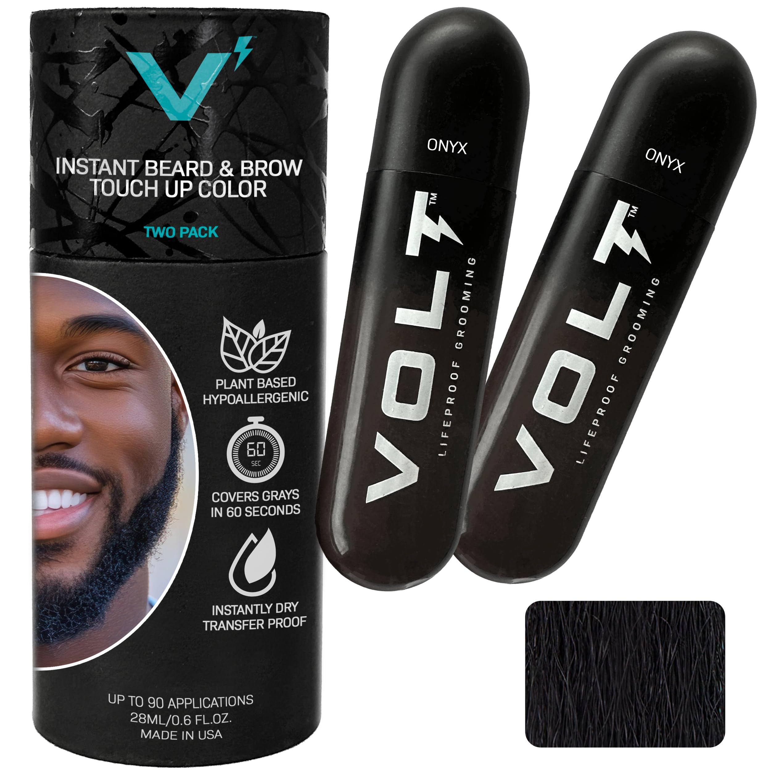 VOLT Grooming Temporary Instant Beard Color ECO 2 Pack Refill - Quick Drying Plant Based Hypoallergenic Brush on Color for Beards, Mustaches, and Eyebrows, Onyx (Black)