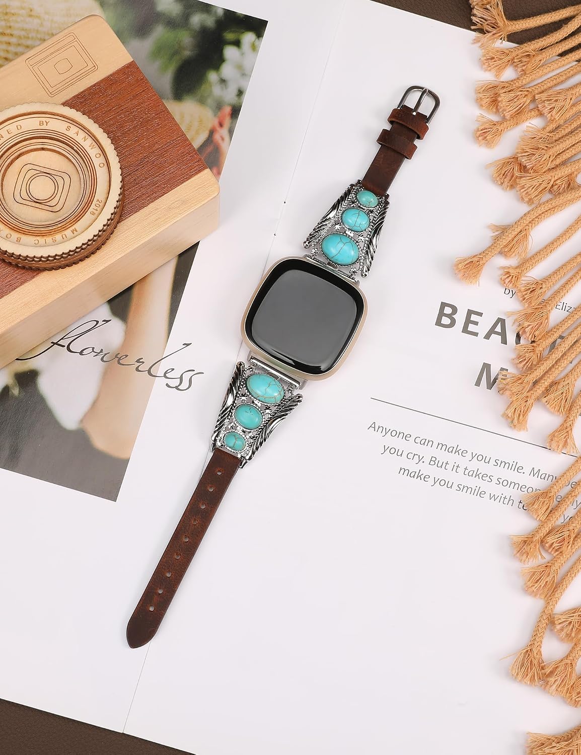 Minyee Leather Band Compatible with Fitbit Versa 4/Versa 3/Sense 2/Sense Band Women, Western Turquoise Boho Vintage Cowboy Retro Jewelry Adjustable Slim Replacement Wristband Strap for Versa 4/ Sense
