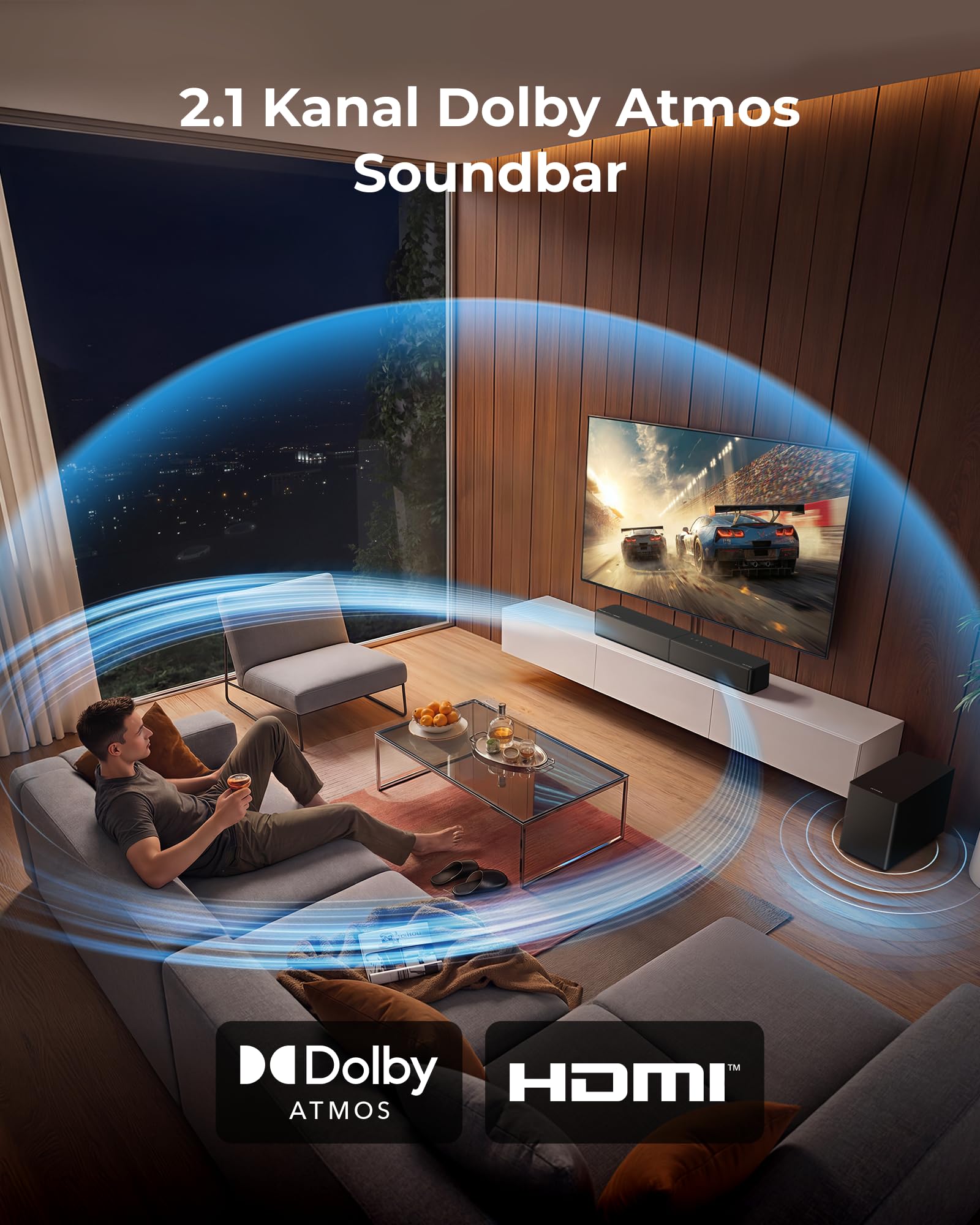 ULTIMEA Dolby Atmos 2.1 Soundbar mit kabellosem Subwoofer, Poseidon M40 | VoiceMX, BassMX, Soundbar für TV Geräte, Center Lautsprecher, 240W Spitzenleistung, App-Steuerung, HDMI eARC, Bluetooth® 6.0
