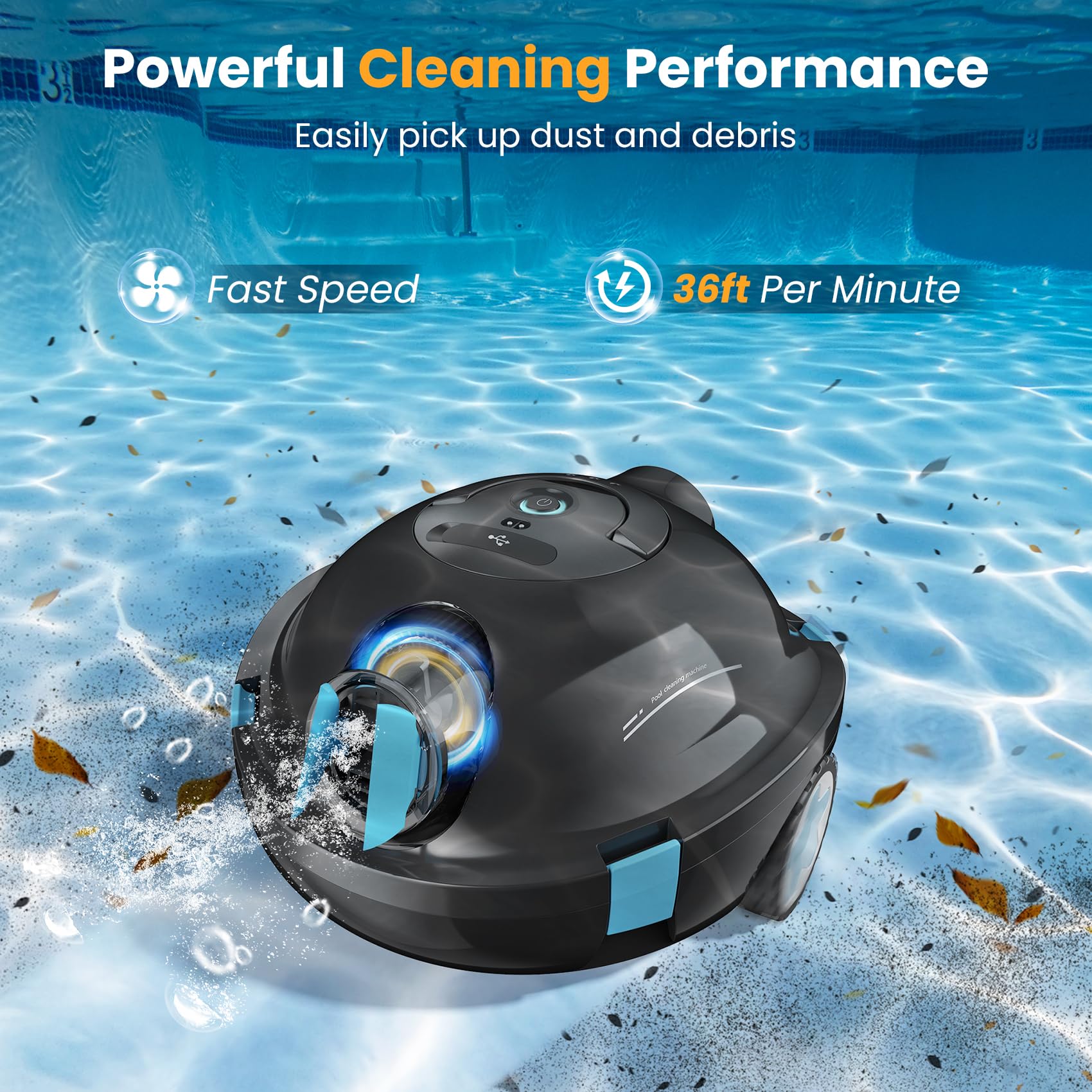 Cordless Robotic Pool Cleaner with 120-Min Runtime, Dual Suction Power, Self-Parking & Ultra-Lightweight Design, for Above-Ground & In-Ground Pools up to 1,100 Sq.Ft (Black) - 2