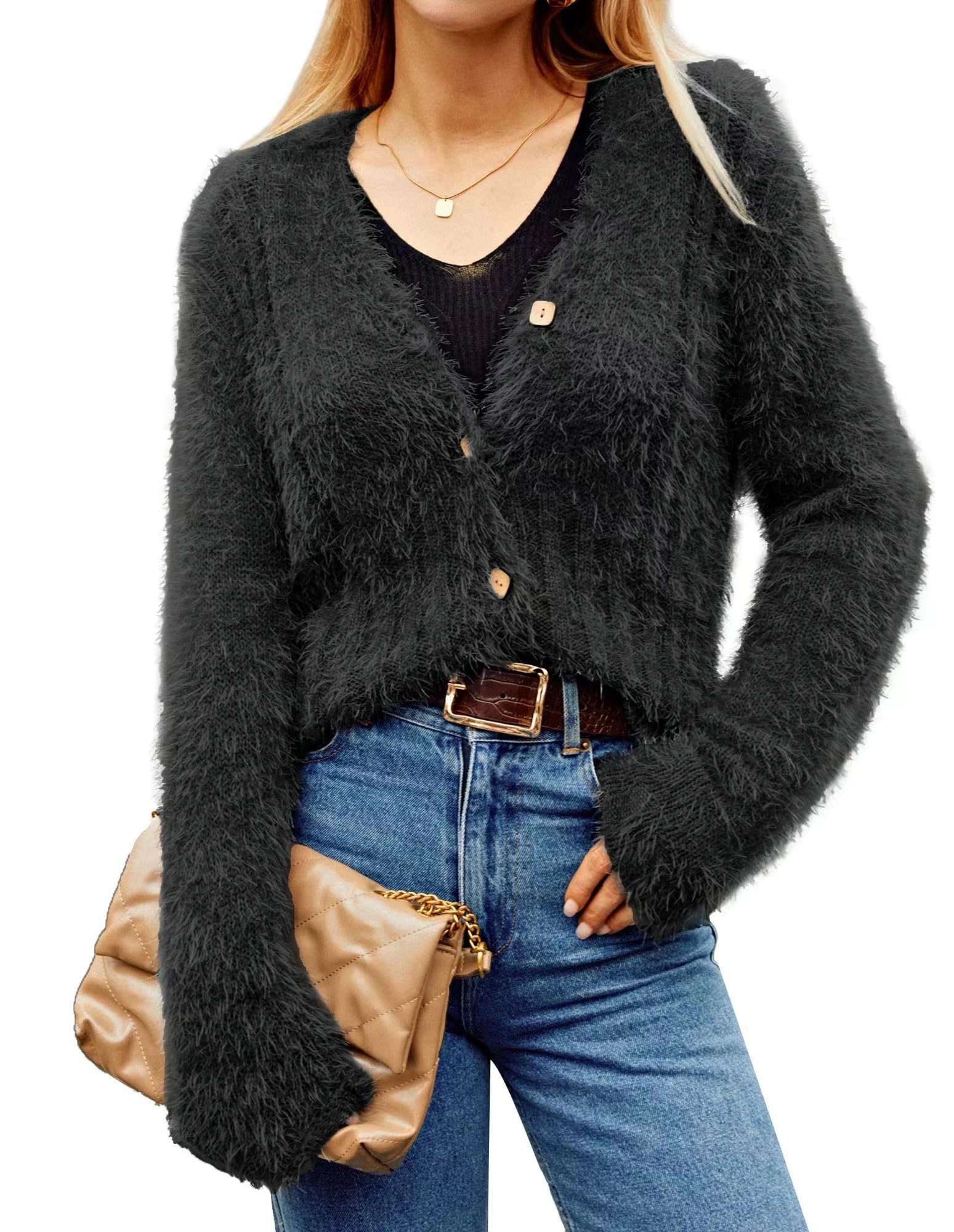 GRACE KARIN Cardigan da Donna a Maniche Lunghe con Scollo a V Corto Abbottonato Morbido e Accogliente Autunno Inverno Maglione Lavorato a Maglia Elegante Casual Giacca a Spalla Top