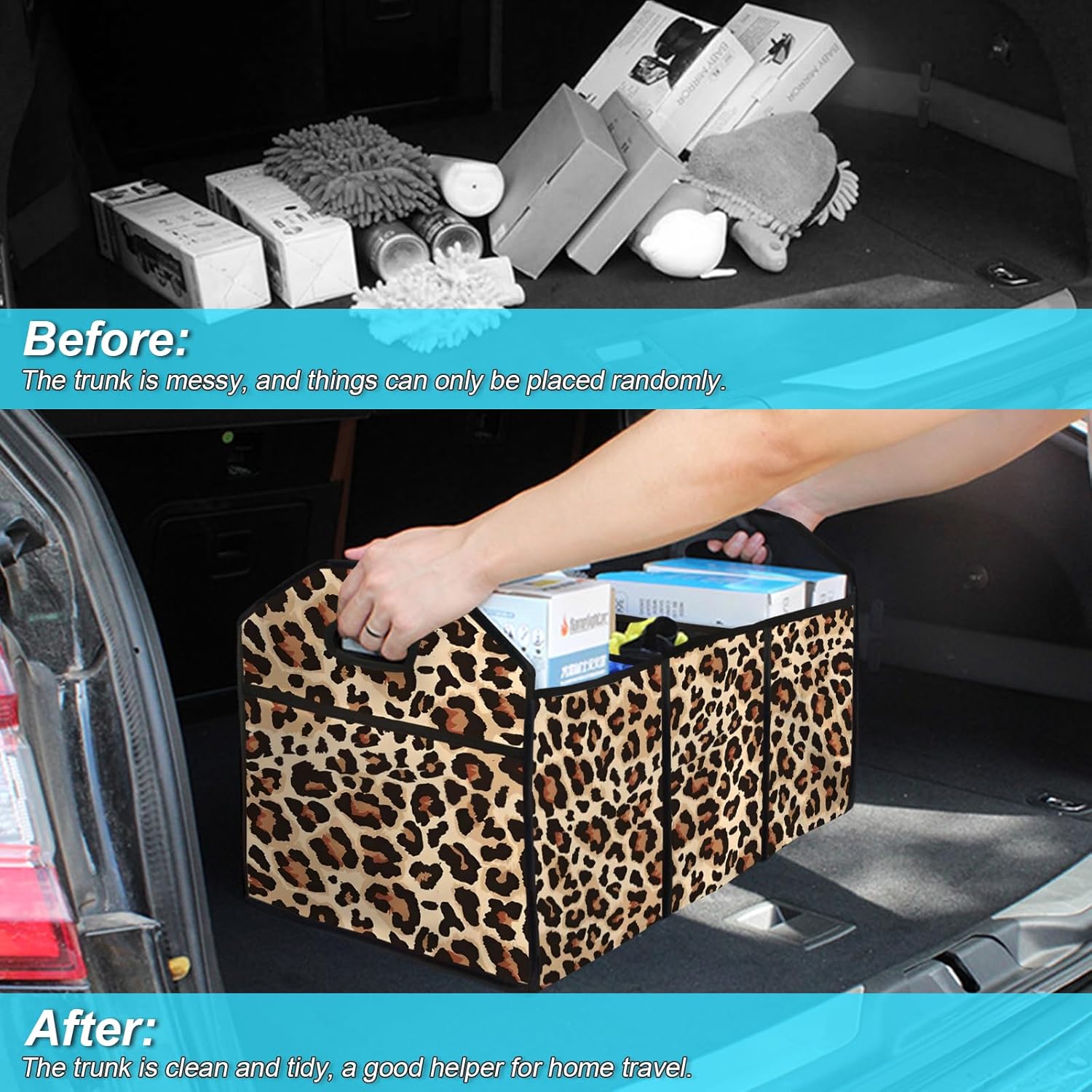 Classic Leopard SUV Car Trunk Organizer Accessories 50L Collapsible Car Storage Bag 3 Compartment Caddy Waterproof Foldable