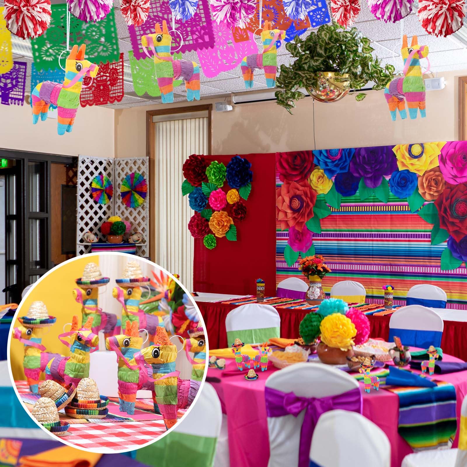 Soulchen Set di 12 centrotavola decorativi per festa messicana, include mini piñata arcobaleno lama e mini cappello messicano in paglia naturale messicana festa di compleanno forniture per feste