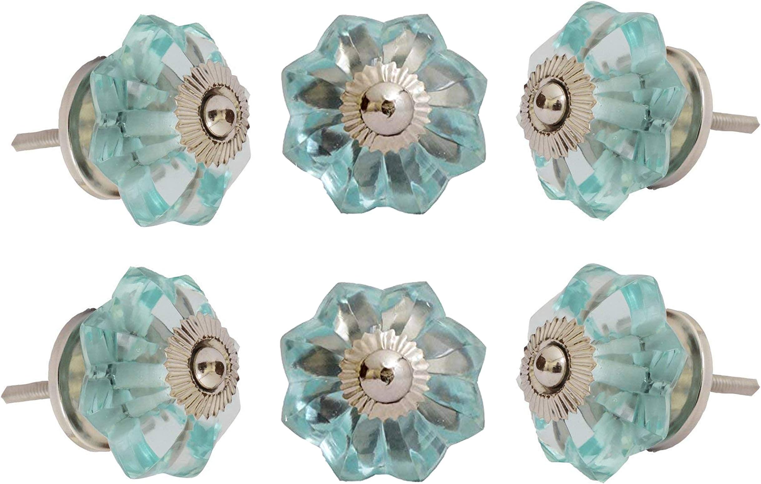 Perilla Home Set of 6 Crystal Glass Knobs (Small) for Chest of Drawers Decorative Melon Round Knobs for Home Kitchen Cabinet Hardware Cupboard Door Dresser Wardrobe Drawer Pulls (Baby Blue, Small)