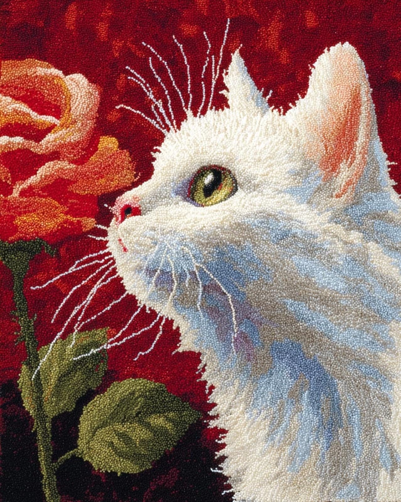 Wallphantom Latch Hook Craft Kits,A White cat Sniffs a Rose,Doormat Carpet Making Kits,Interlocking Hook Rug Gift Packing DIY for Teenager/Adults with Printed Canvas,90x120cm