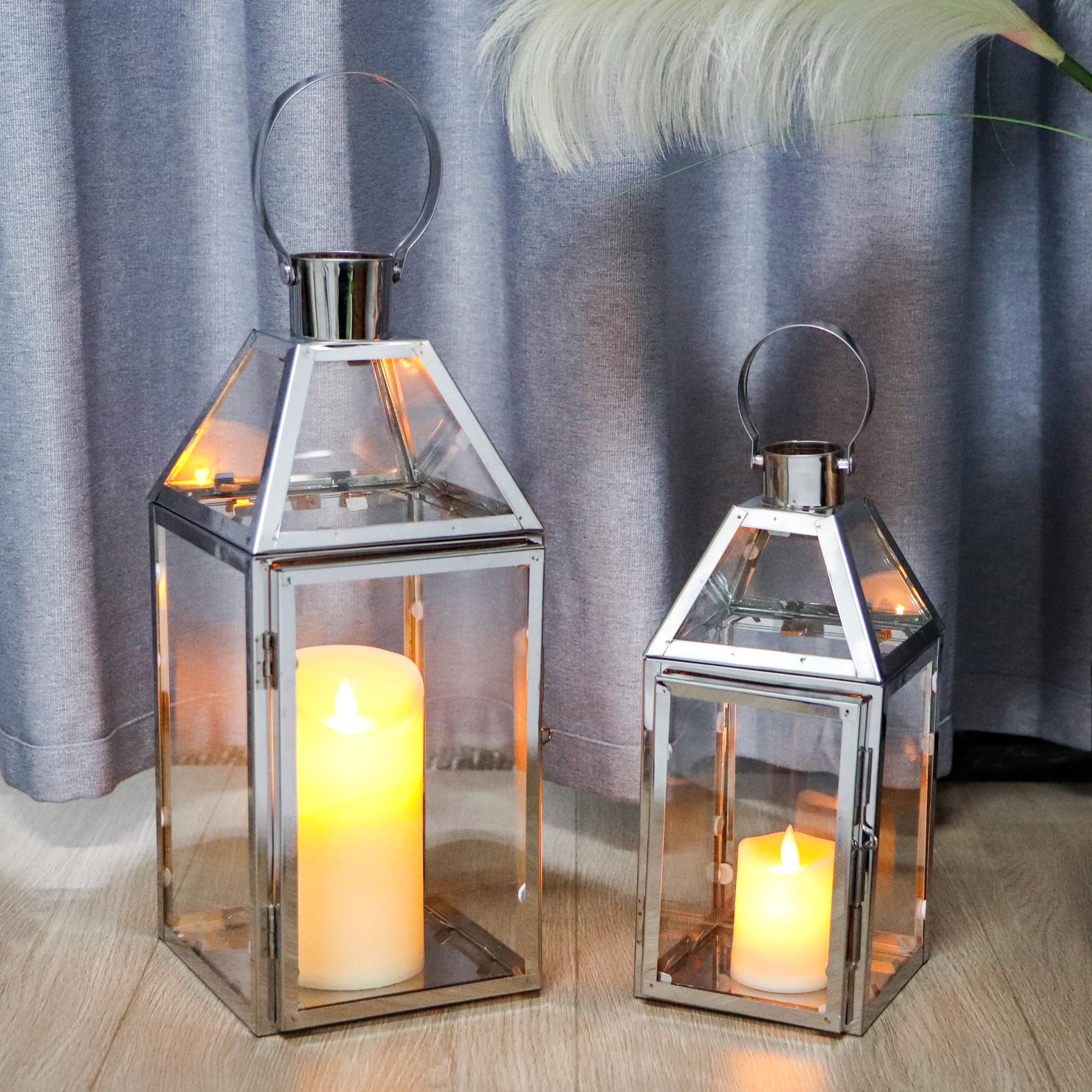 TRIROCKS Zestaw 2 dekoracyjnych lampionów ze stali nierdzewnej 34 cm i 26 cm wysokości, metalowe świeczniki ze szkłem hartowanym, do dekoracji domu, salonu, imprez, na stół, do wewnątrz, na zewnątrz