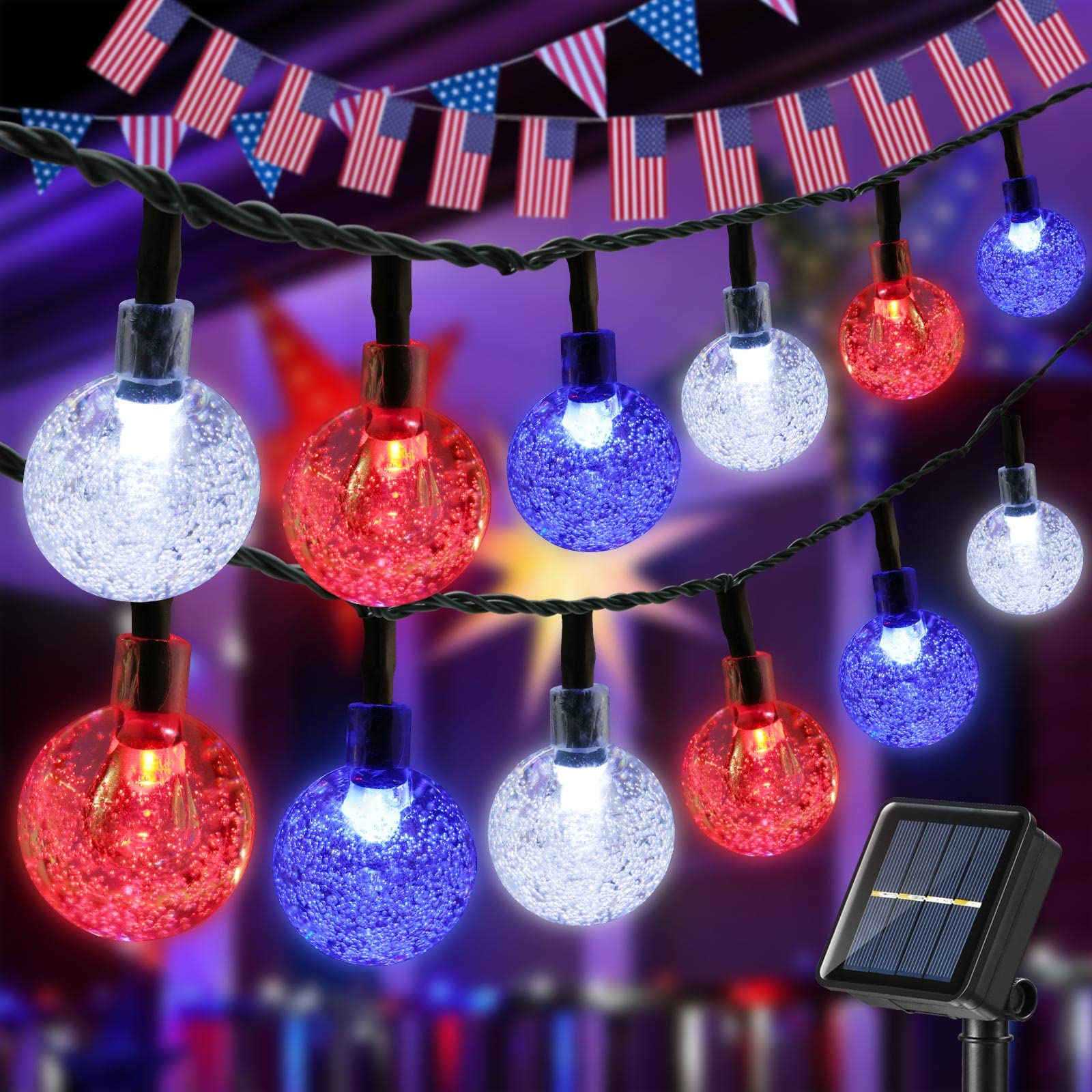 Joomer 4th of July Red White Blue Solar String Lights, 45.5Ft 60LED Waterproof with 8 Lighting Modes Patio Lights for Independence Day Garden Yard Gazebo Party