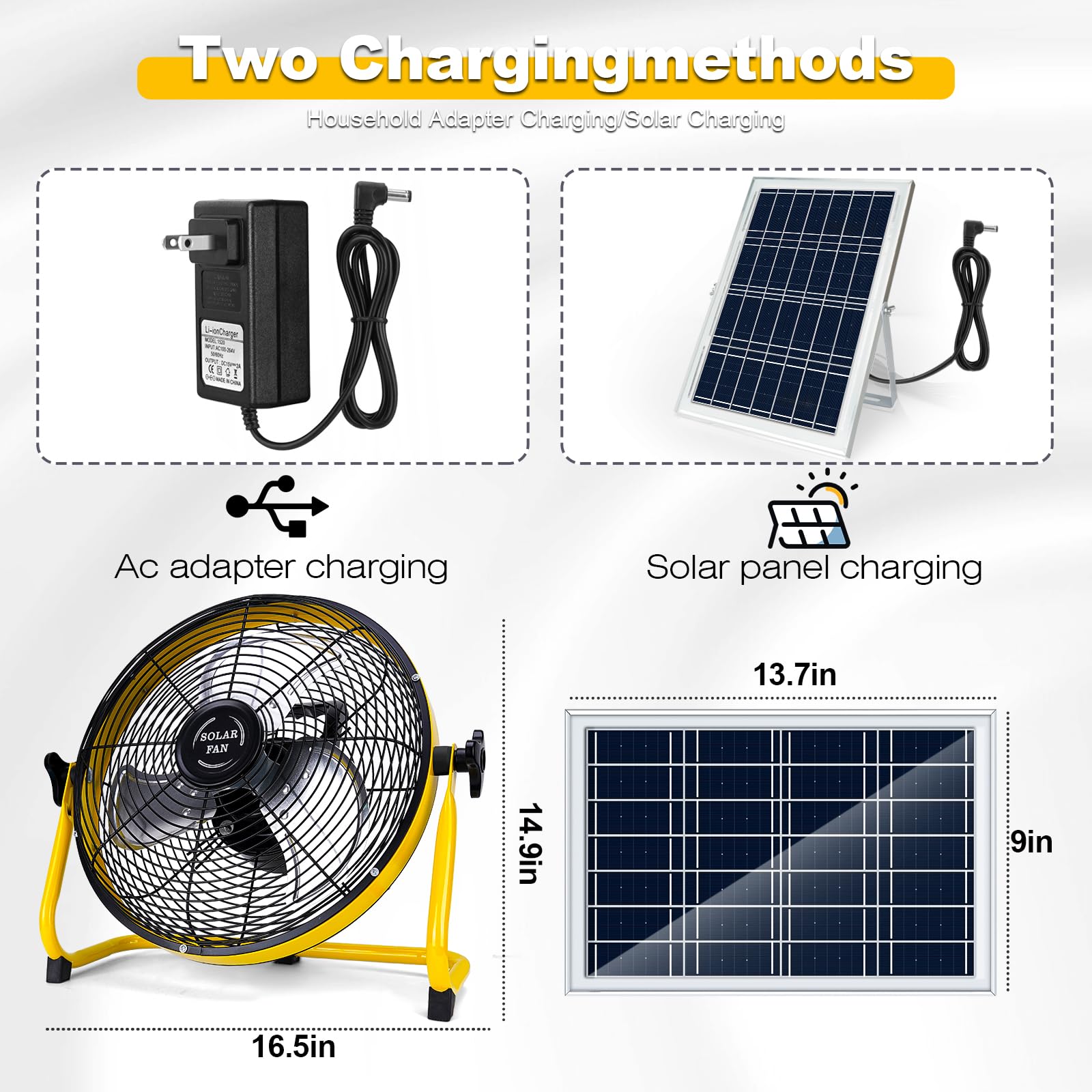 DBF Ventilador solar de 14 pulgadas, ventilador de piso para exteriores con batería recargable de 15000 mAh, panel solar de 20 W, tiempo de funcionamiento de 4 a 24 horas, 12 velocidades, silencioso