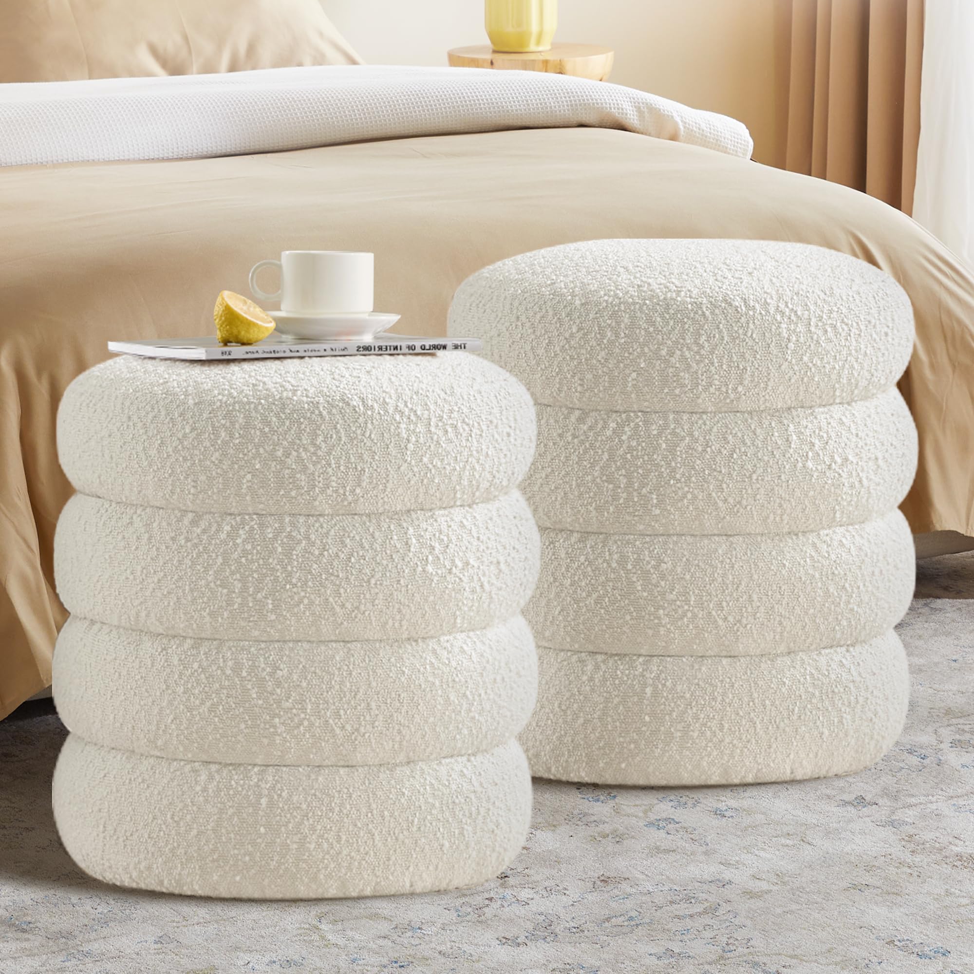 Round Ottoman with Storage for Living Room Small Boucle Foot Stool Modern Upholstered Vanity Stool Ottoman Foot Rest