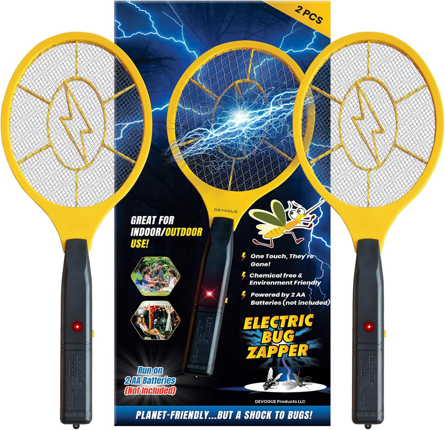 2er-Pack Elektro Fliegenklatsche, Elektrische Fliegenfalle, Mückenvernichter – Zapping-Schläger für drinnen und draußen zur Schädlingsbekämpfung – sicher zu berühren, mit 3-lagigem Sicherheitsnetz