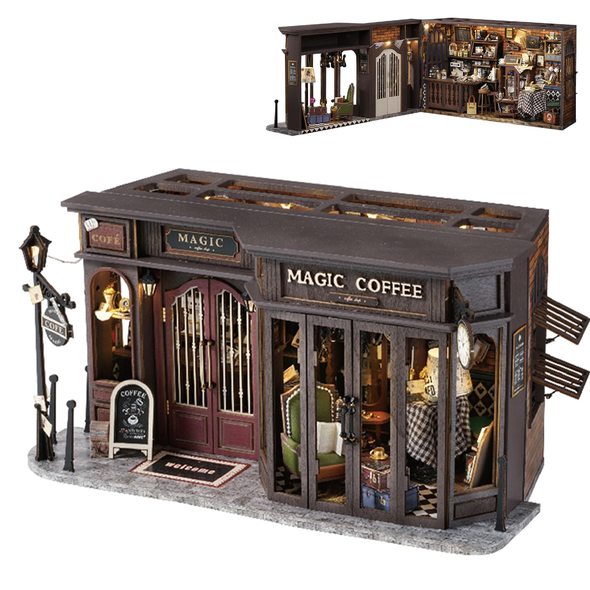 Kisoy Romantic and Cute Dollhouse Miniature DIY House Kit Creative Room Perfect DIY Gift for Friends,Lovers and Families (Vintage Coffee Shop)