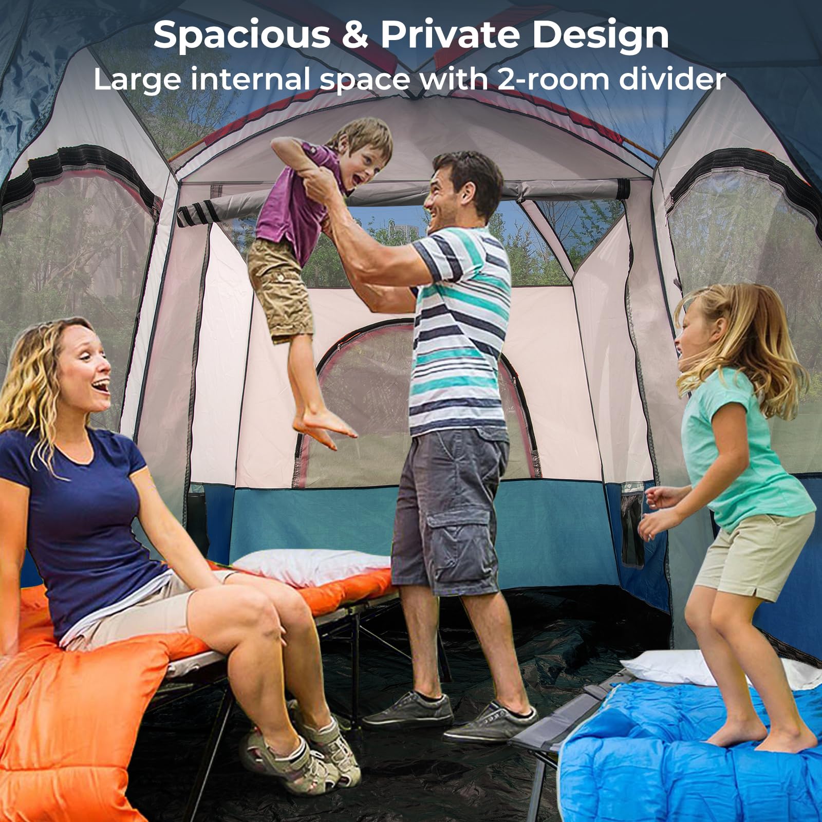 HOMASIS Tente de Camping avec Auvent 4-6 Personnes pour Famille, Tente Tunnel avec 2 Séparateurs de Pièce et 3 Entrées avec Sac de Transport pour randonnée, Facile à Monter