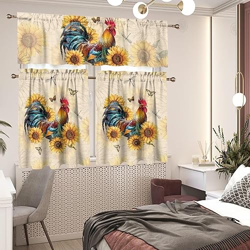 Miniatura 6 de Juego de cortinas de cocina con patrón de gallo de 3 piezas, elegante juego de cortinas de cocina y cenefas, elegante juego de cortinas para
