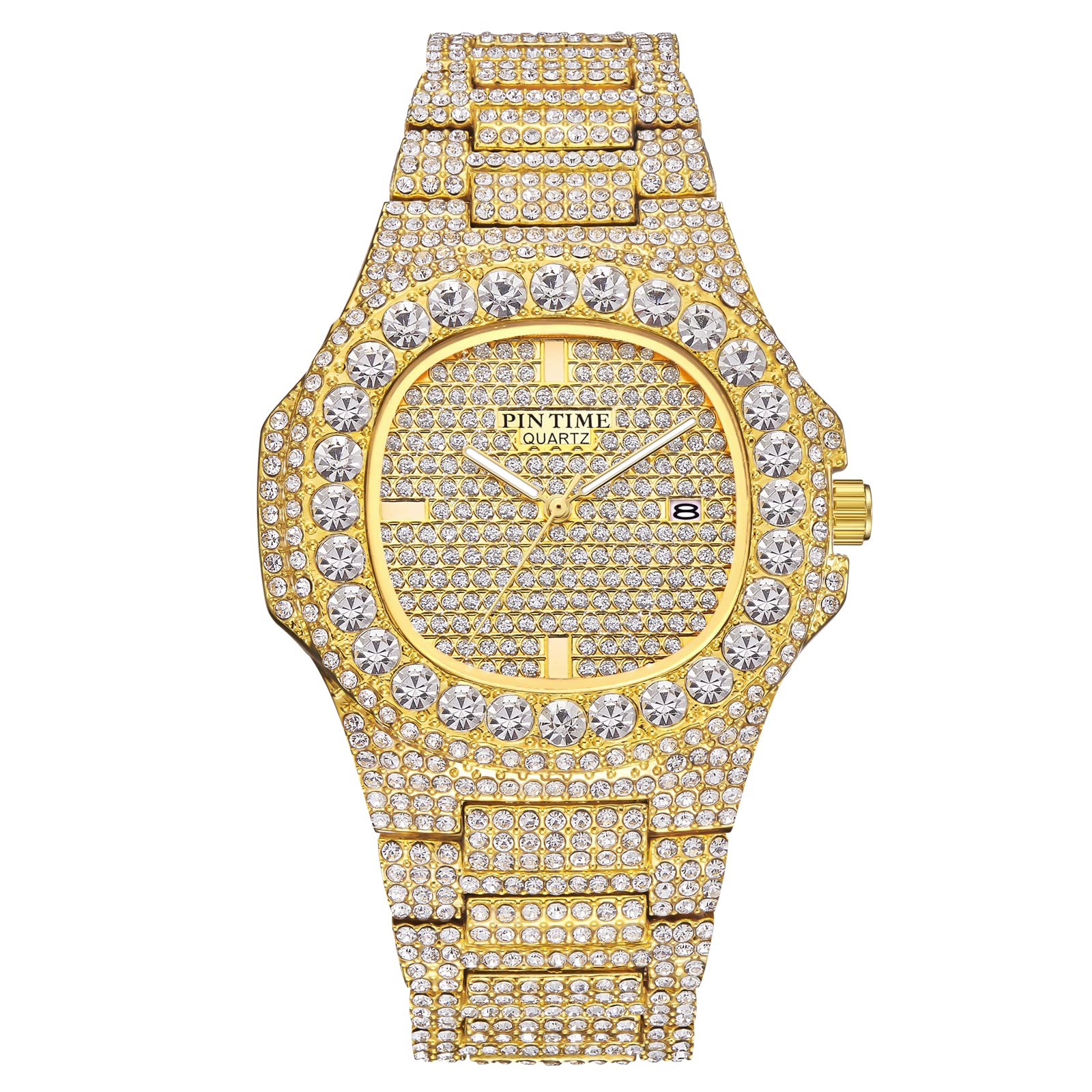 PINTIME Mens Diamond Watches Luxury Unisex Silver Gold Iced-Out Bling CZ Crystal Fashion Quartz Womens Watch