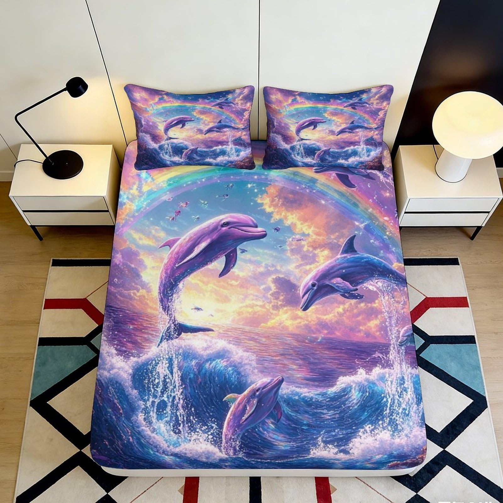 Pnayamiorkfel Style-10 3D Printed Ocean Dolphin Fitted Sheet Microfiber Soft Breathable Sunset Wave Bed Cover Bedroom Decor 90X200x25cm