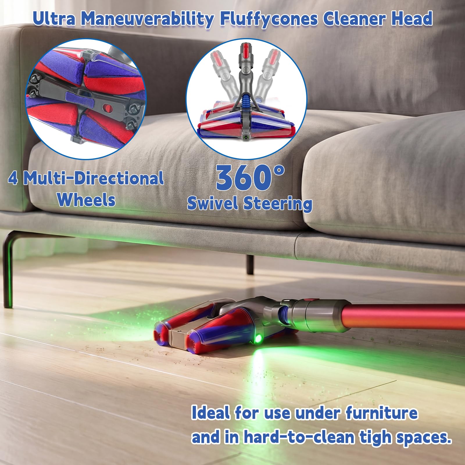 Fluffycones - Cabezal limpiador de piezas de repuesto para aspiradoras inalámbricas Dyson V7 V8 V11 Animal V15 Detect V10 Cyclone, doble luz verde LED antienredos, accesorios de aspiradora de