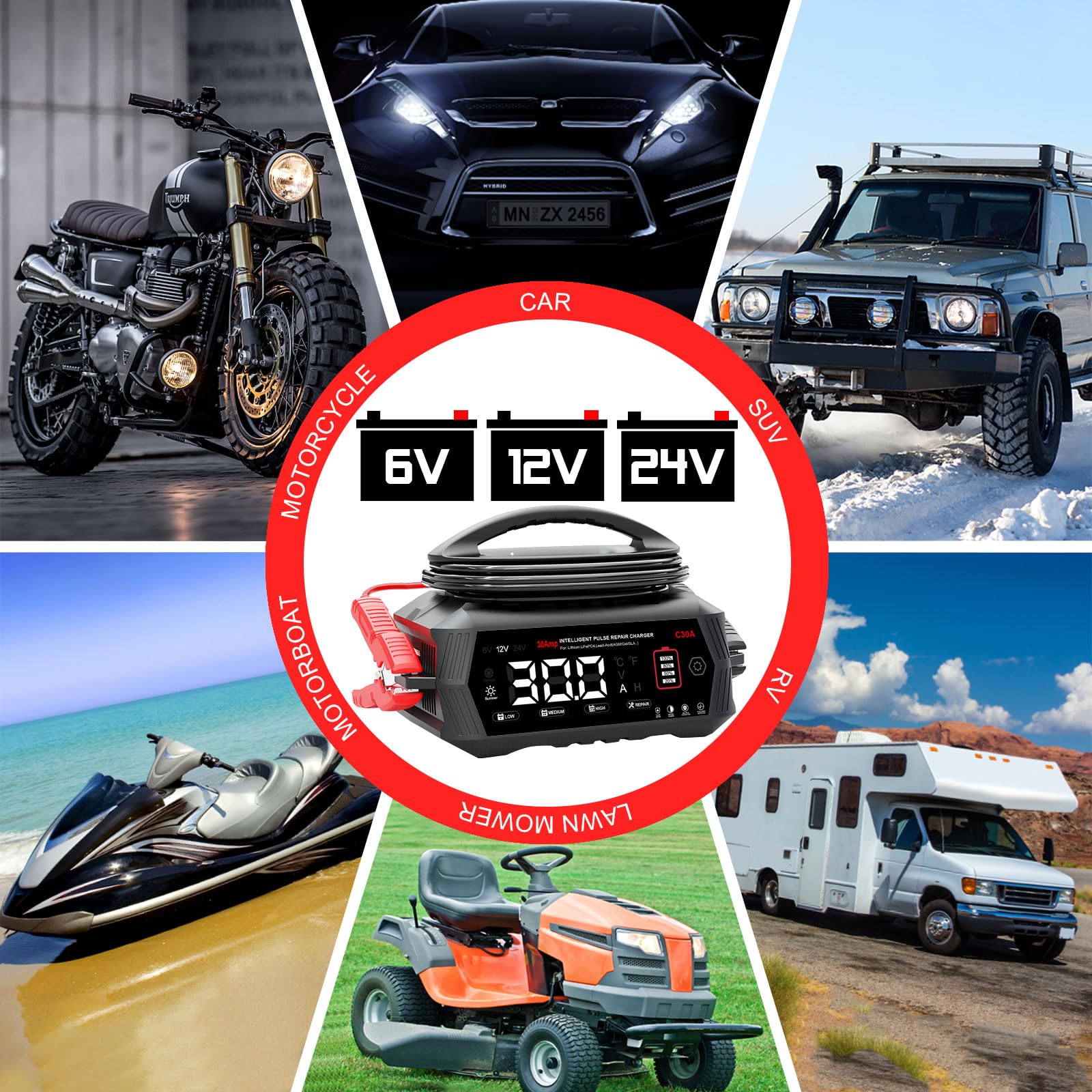 HTRC Ładowarka do akumulatora samochodowego 30 A, 6 V/12 V/24 V, LiFePO4, ładowarka do samochodów ciężarowych, motocykli, kosiarek, łodzi, akumulatorów morskich, ładowarka do akumulatorów LiFePO4