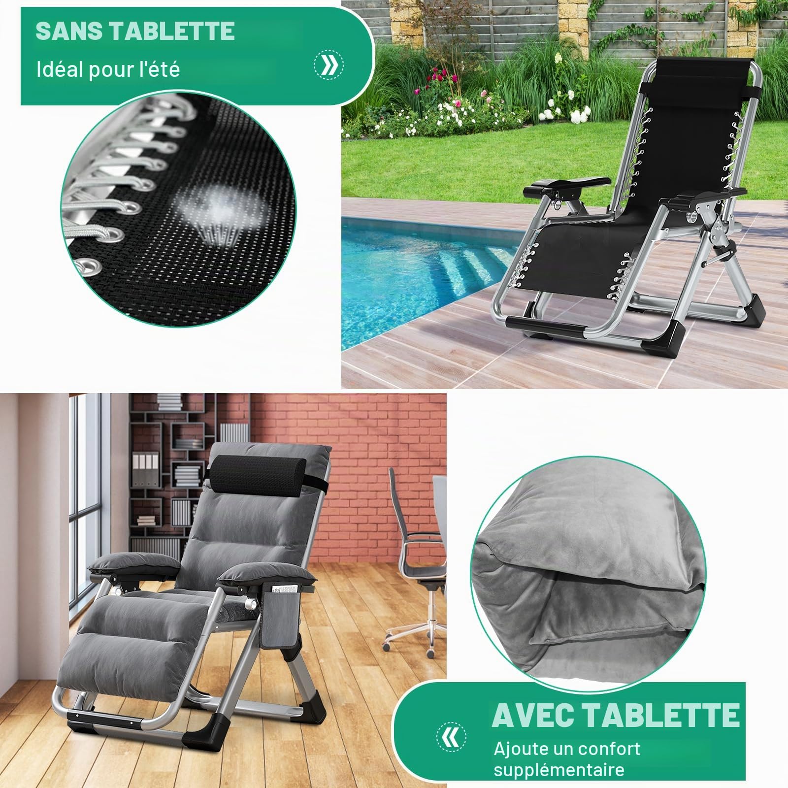 SUNYRISY Chaise sans gravité pour jardin, chaise de jardin robuste réglable avec coussin, appui-tête et poche, 200 kg de support, chaise longue pliante pour jardin et pelouse, pour intérieur/extérieur