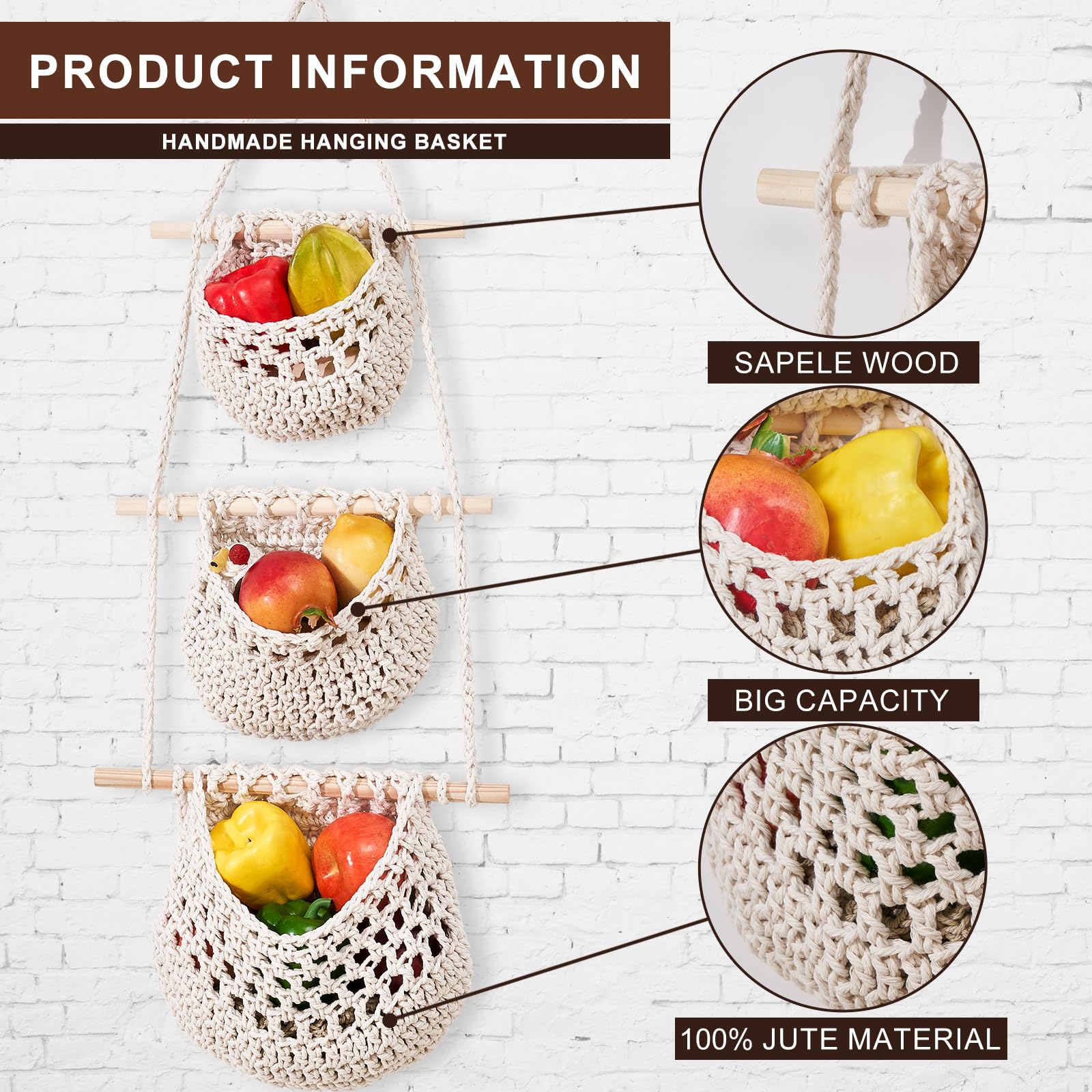 Cesto Appendibile In Cotone 3 Ripiani – Organizer Da Porta Per Camera E Cucina - 5