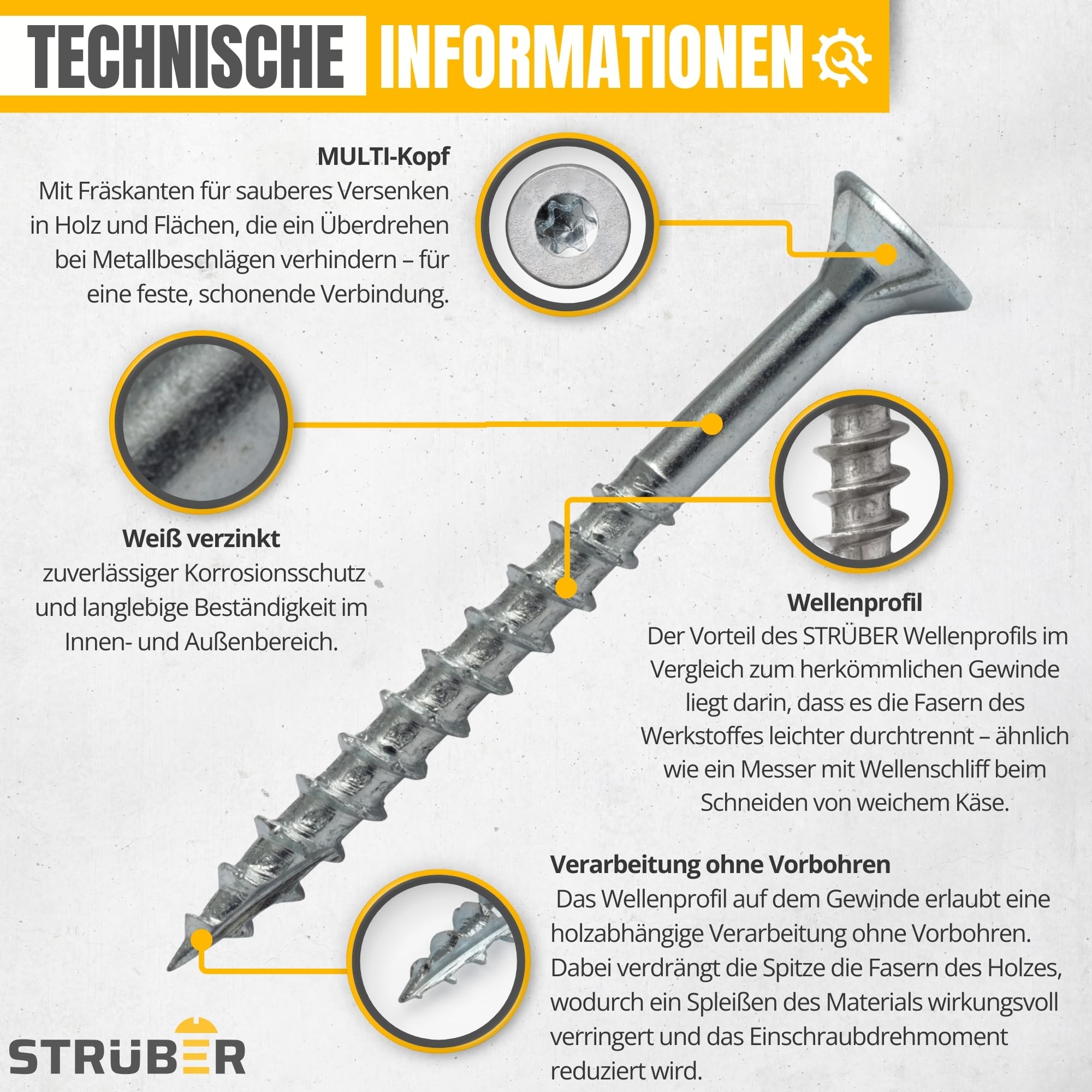 STRÜBER Universalschrauben mit Senkkopf und Torx-Antrieb (Ø4,0 x 50 mm / 200 Stk.) verzinkte Holzschraube - Spanplattenschrauben – Teilgewinde & Cutspitze - TX-Bit inkl - ETA