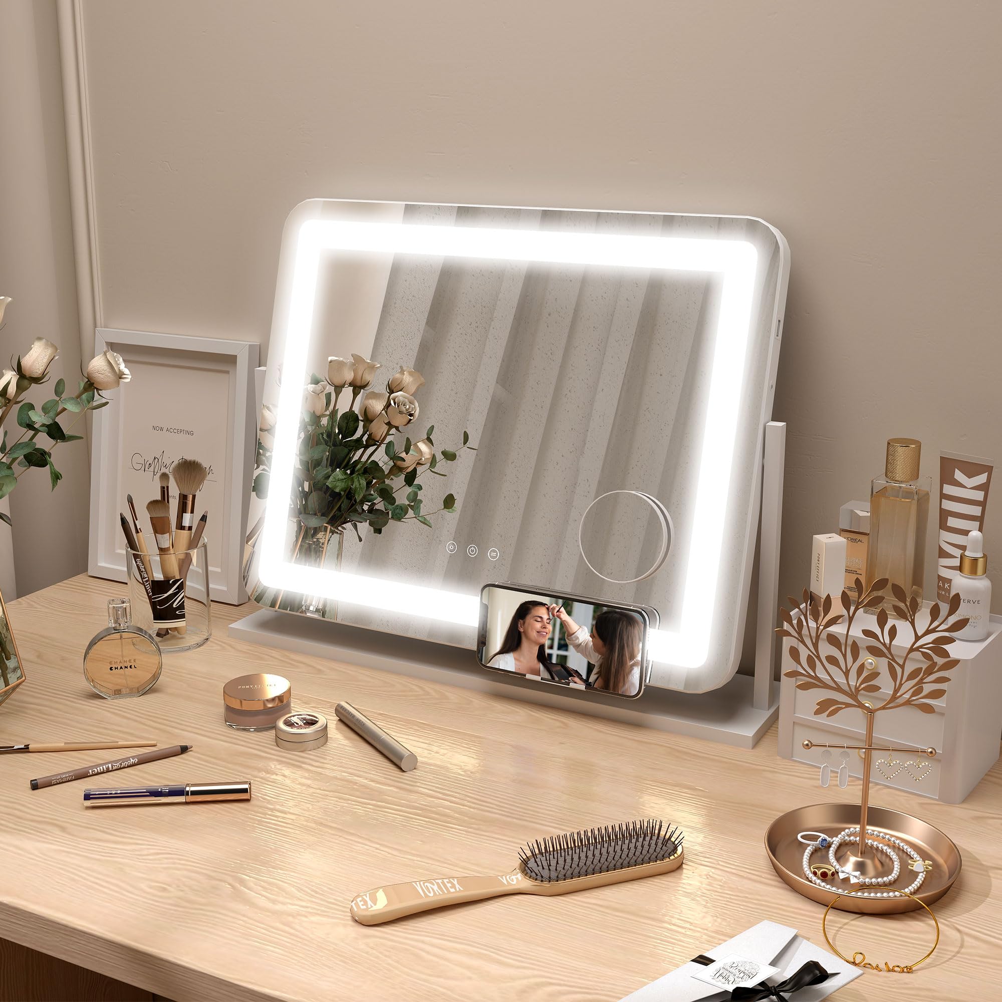 HOMCOM Specchio da Trucco con Luce Dimmerabile, Specchio Illuminato con