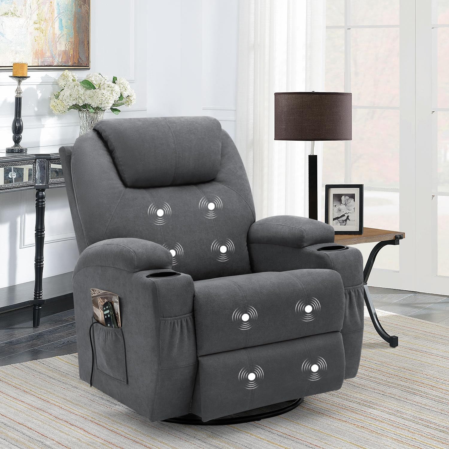 Rocking Chair Recliner Chair with Massage Swivel Ergonomic Lounge Chair Classic Single Sofa with 2 Cup Holders Side Pockets Living Room Chair Home Theater Seat (Gray)