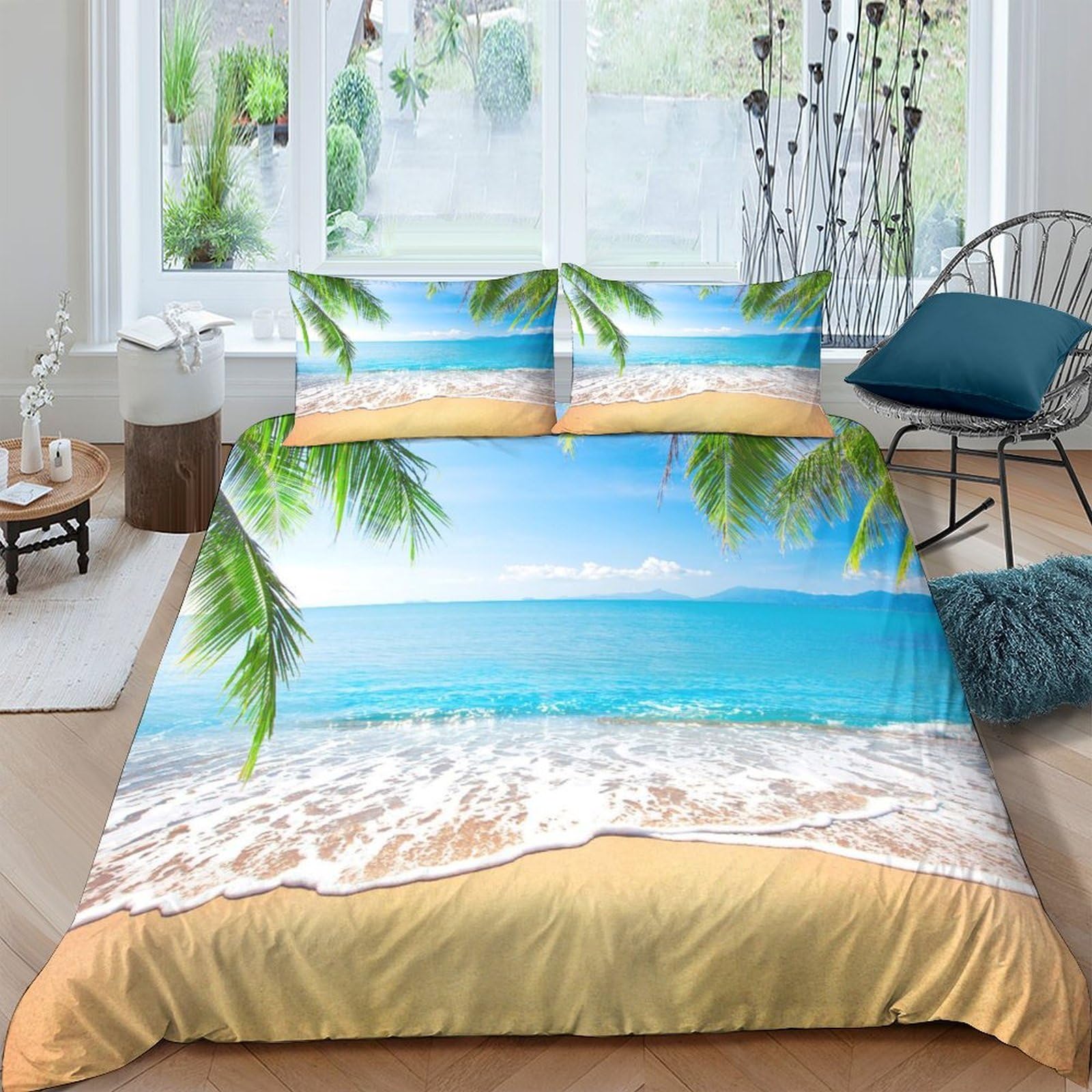 Ctjqhvkz Style-5 3D Printed Tropical Beach Fitted Sheet Microfiber Soft Blue Ocean Mattress Cover Sand Palm Leaves Bedroom Decor Single（135X200cm）