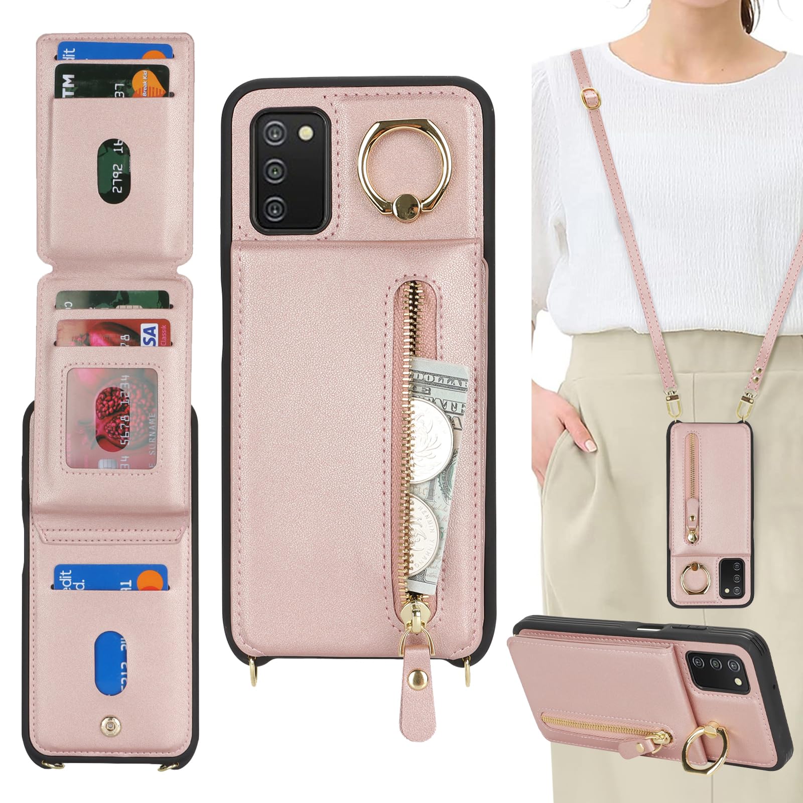 DEYHU Samsung Galaxy A03s Case with Card Holder for Women,Galaxy A03s Phone Case Wallet with strap Credit Card Slots Crossbody with Kickstand Zipper Case for GalaxyA03s - Rose gold