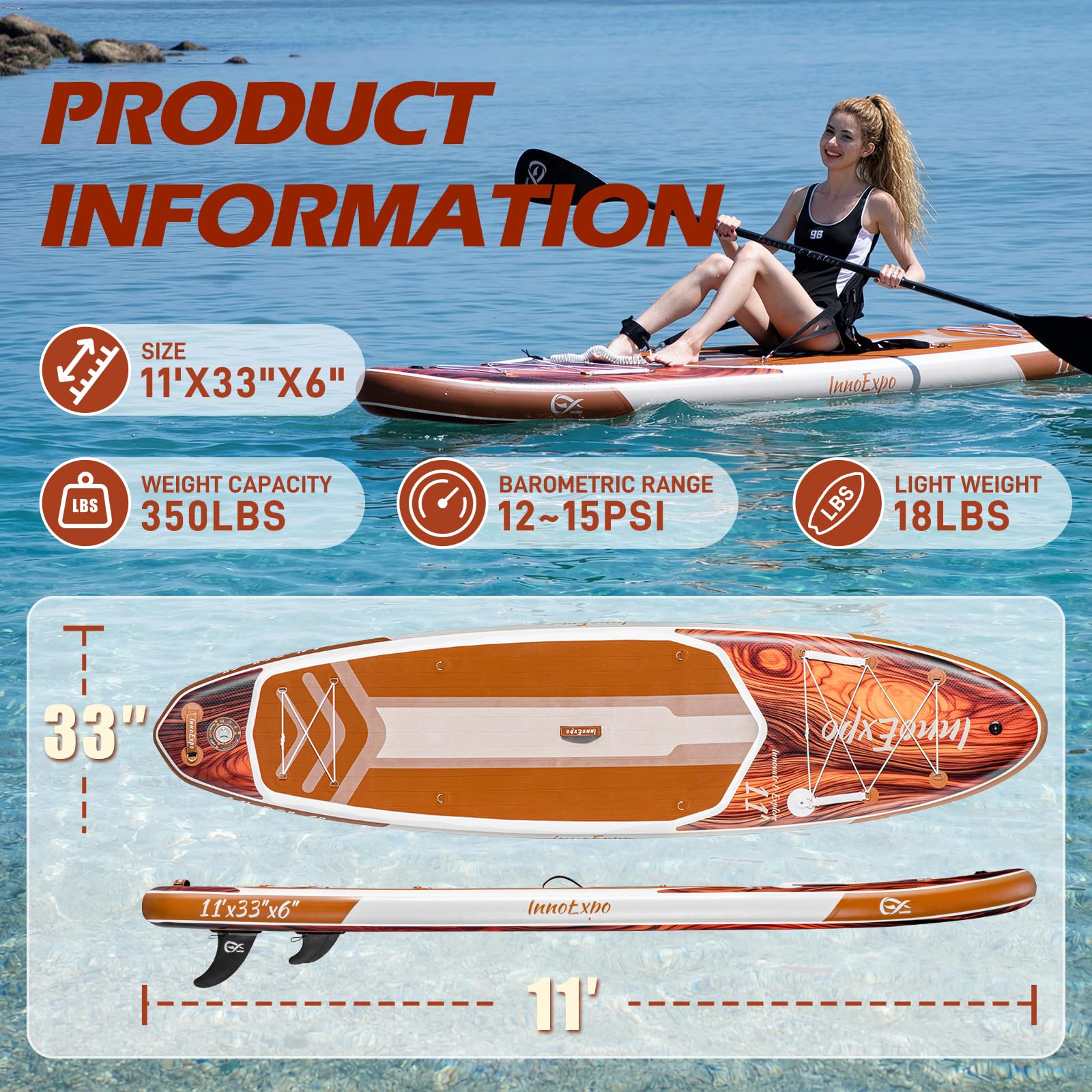InnoExpo Tablas de remo inflables de 11 pies con accesorios de primera calidad, diseño de tabla de remo SUP ancha y estable, cubierta antideslizante y cómoda para jóvenes y adultos
