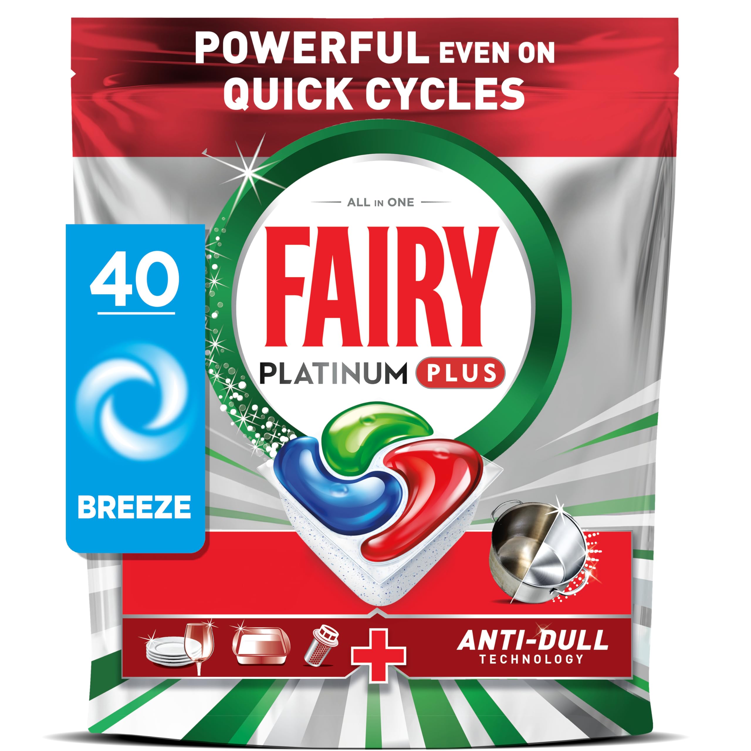Fairy Platinum Plus Dishwasher Tablets Breeze, 40 Capsules, Impeccable Clean Even in Quick Cycles Without Pre-Wash, Anti-Dull Technology, Super Shine Function, Filter Clean