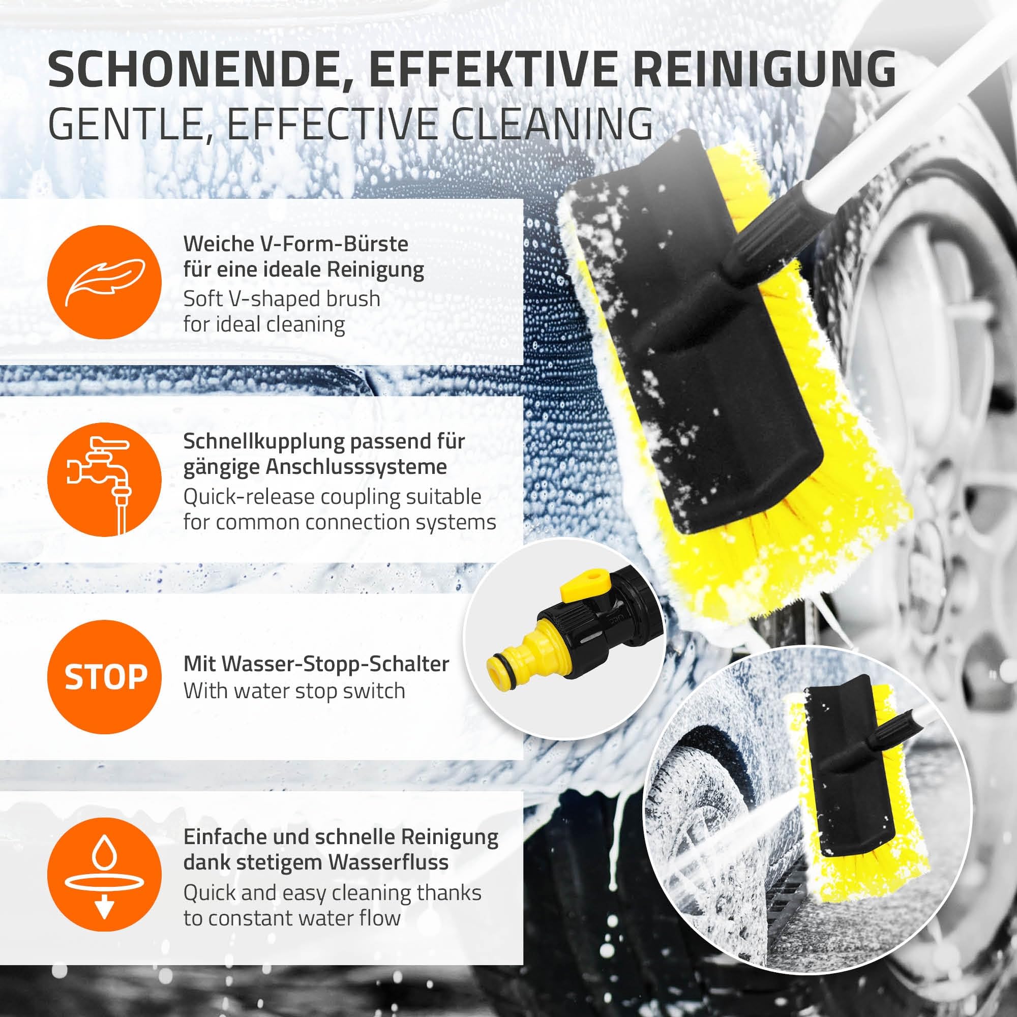 ECD Germany Spazzola di Lavaggio Telescopica per Auto Morbida - Allungabile 130-300 cm - Idrospazzola Autolavaggio Spazzolone Pulizia Cura per Auto Camper Camion SUV con Interrutore ON/OFF Acqua