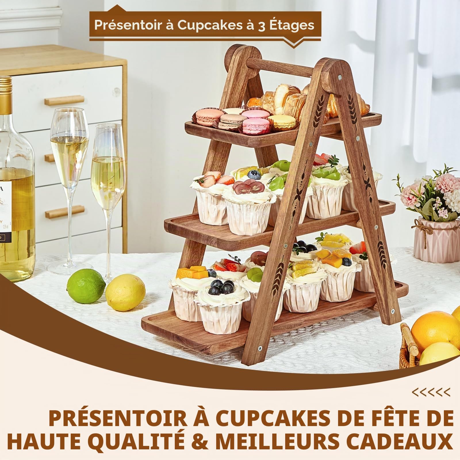 DUJUST Présentoir à gâteau en bois pour 24 Cupcakes, support à gâteau à 3 étages avec surface de qualité alimentaire, présentoir à gâteau pour la nourriture et les jouets - pliable