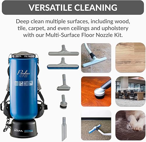 Miniatura 5 de Prolux Aspiradora comercial de mochila de 10 cuartos de galón, accesorios premium de 1.5 pulgadas, filtración de aire HEPA, limpieza profunda para