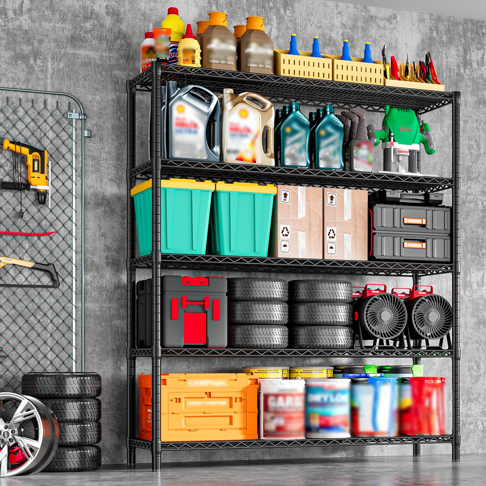 Scaffalatura a 5 ripiani da 1451,5 kg, resistente, per garage, scaffalatura in metallo, scaffale regolabile commerciale, 180 x 140 x 45 cm, nero