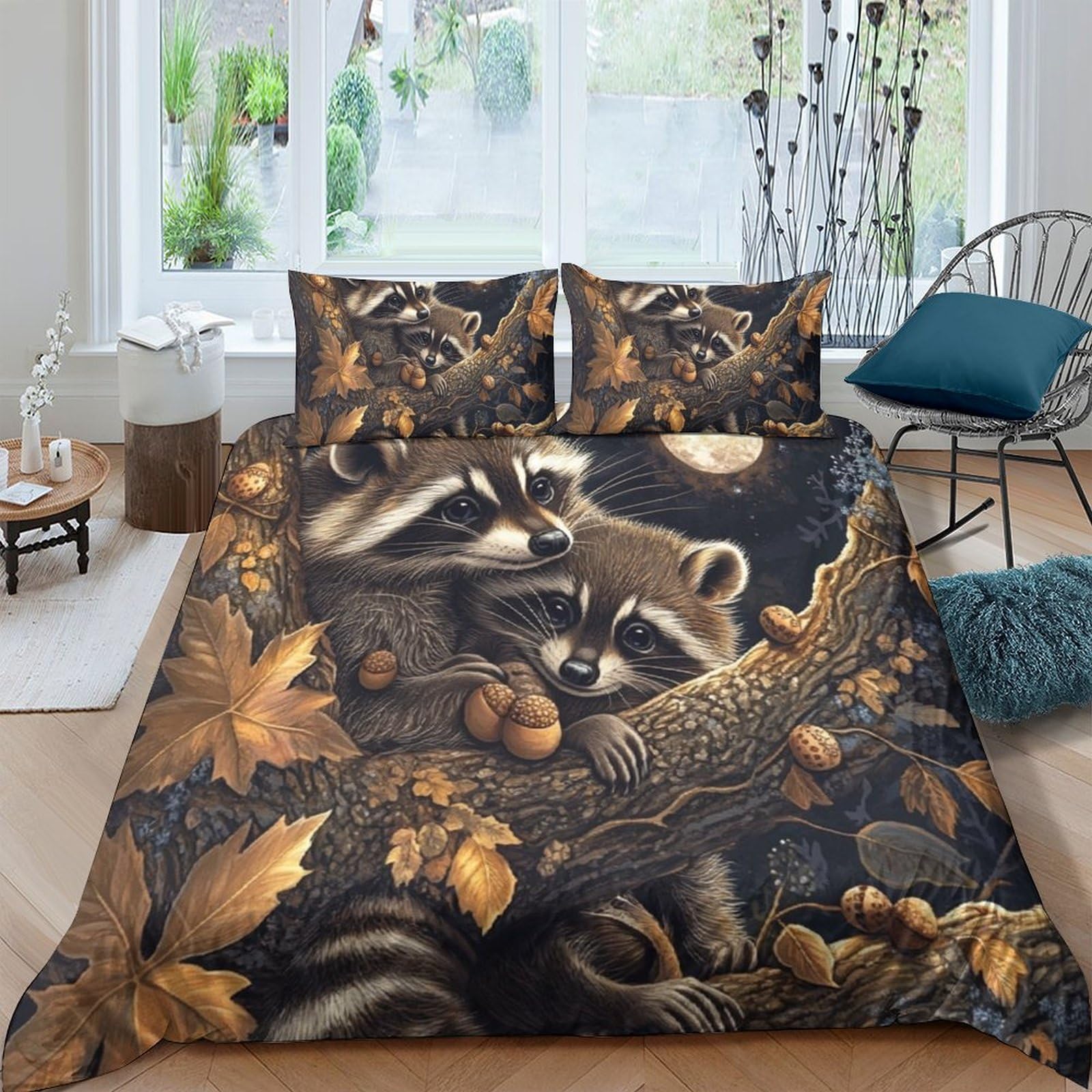 Ctjqhvkz Style-1 3D Printed Raccoon Forest Fitted Sheet Microfiber Soft Anti-Slip Autumn Leaves Mattress Cover Bedroom Decor Single（135X200cm）