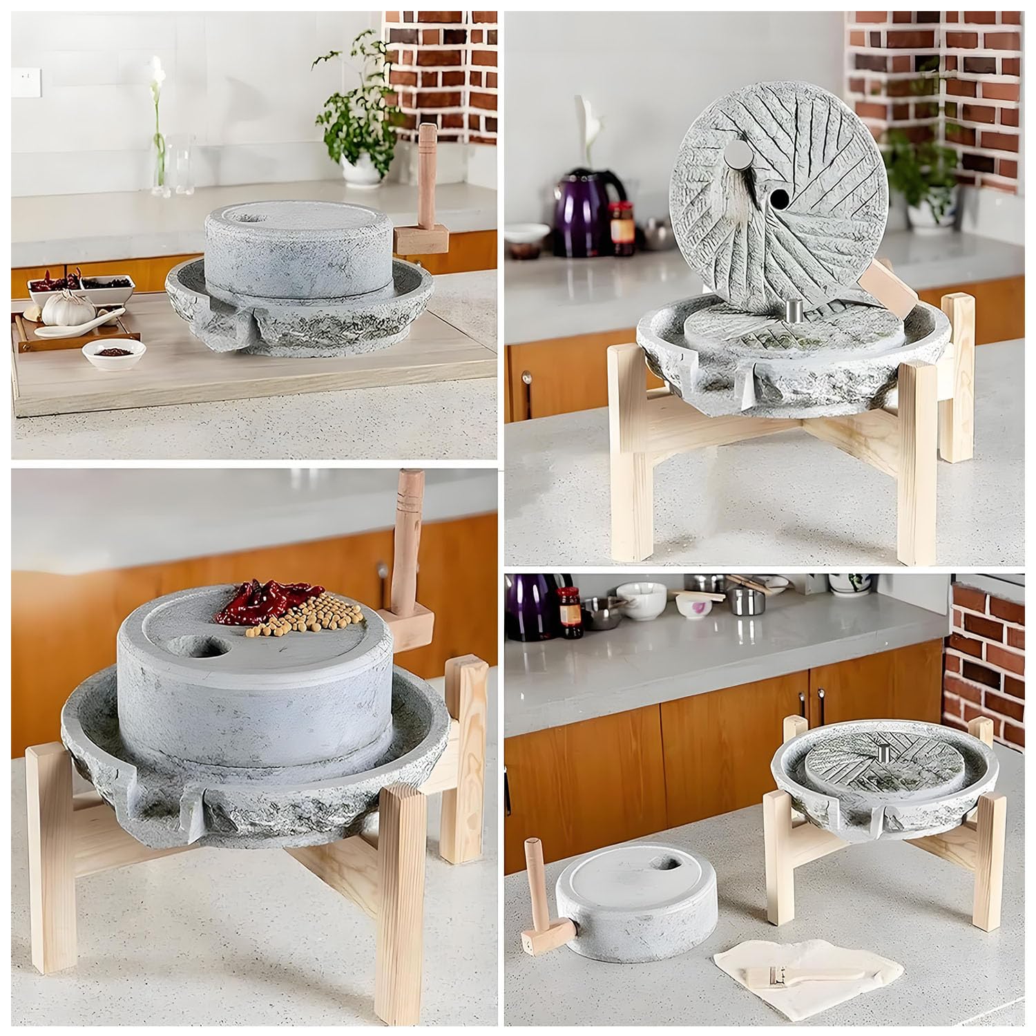 Yinian Traditionell Grain Mill, Haushalts Retro steinmühle,Gewürzzerkleinerer, Haushalts-Handmühle für mit Holzständer, 19.7in Basis, Doppelte Schleifscheiben Aus Stein(Size:35cm)