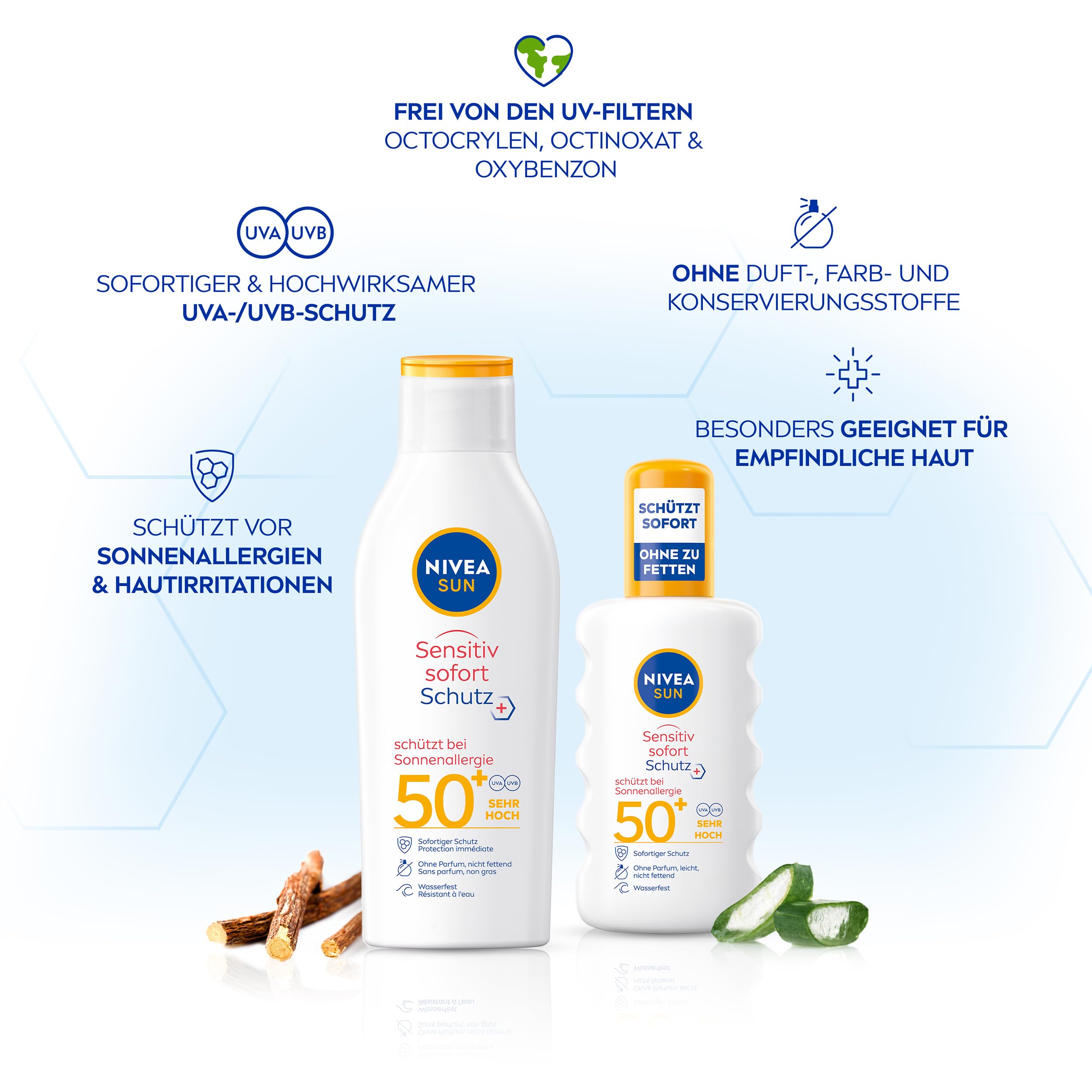 NIVEA SUN Sensitiv Set mit Sonnenschutz für das Gesicht & Spray mit LSF 50, parfümfreie Gesichtscreme beruhigt Hautirritationen, wasserfestes Sonnenspray für empfindliche Haut