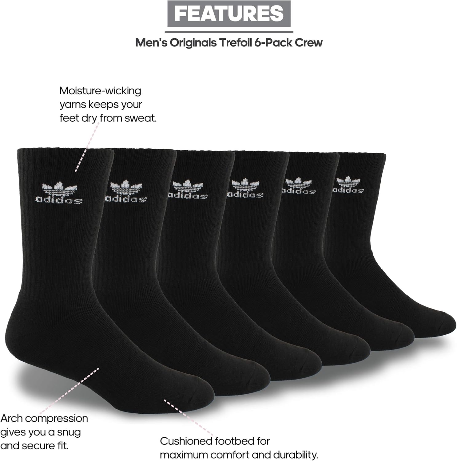 adidas Men's Athletic 6-Pack Crew Socks (Shoe Size 6-12, Black Onyx)