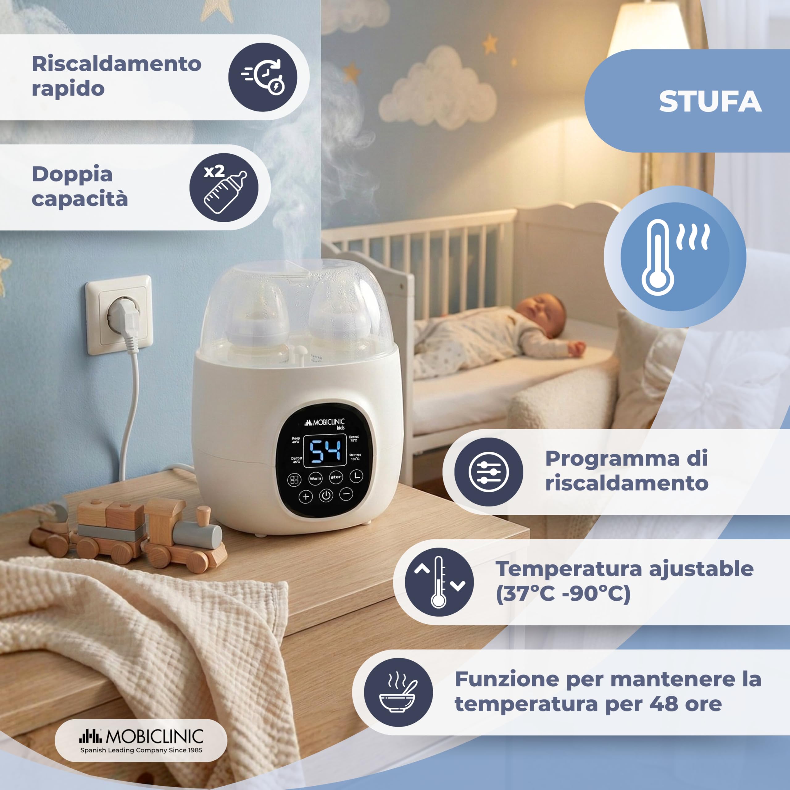 Mobiclinic®, Scaldabiberon e Sterilizzatore, 6 in 1, Doppia Capacità, Scongela, Programmabile, Mantiene la Temperatura, Riscaldamento Rapido, Latte Materno, Senza BPA, Schermo LCD, Compatto, Bibidu