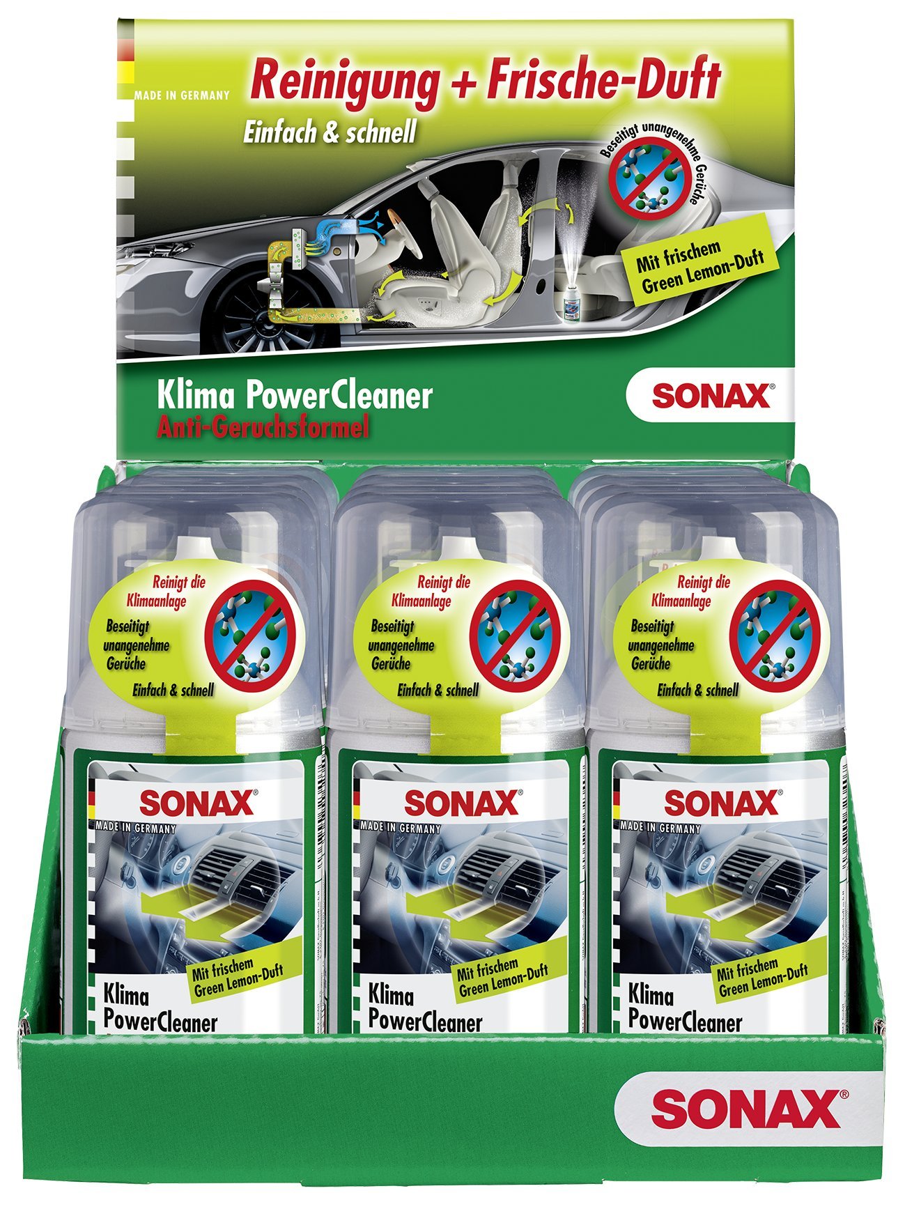 SONAX 12x Klimaanlagenreiniger/-desinfizierer KlimaPowerCleaner Green Lemon inkl. Theken Display