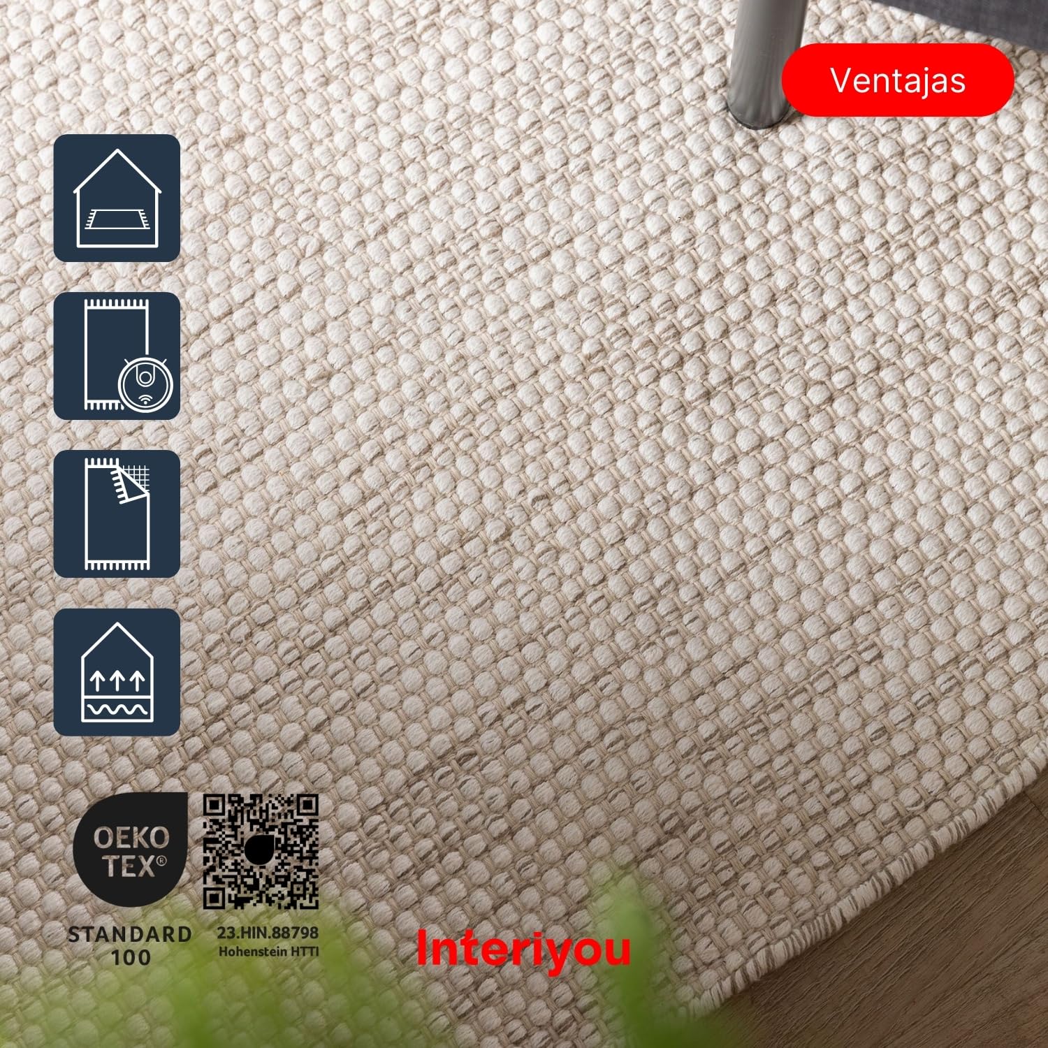 Interiyou Alfombra Salon Artesanal de algodón Riga - 120x120 cm Redondo Crema - Tejido a Mano para Sala, Dormitorio - 100% artesanía de Fibra Natural