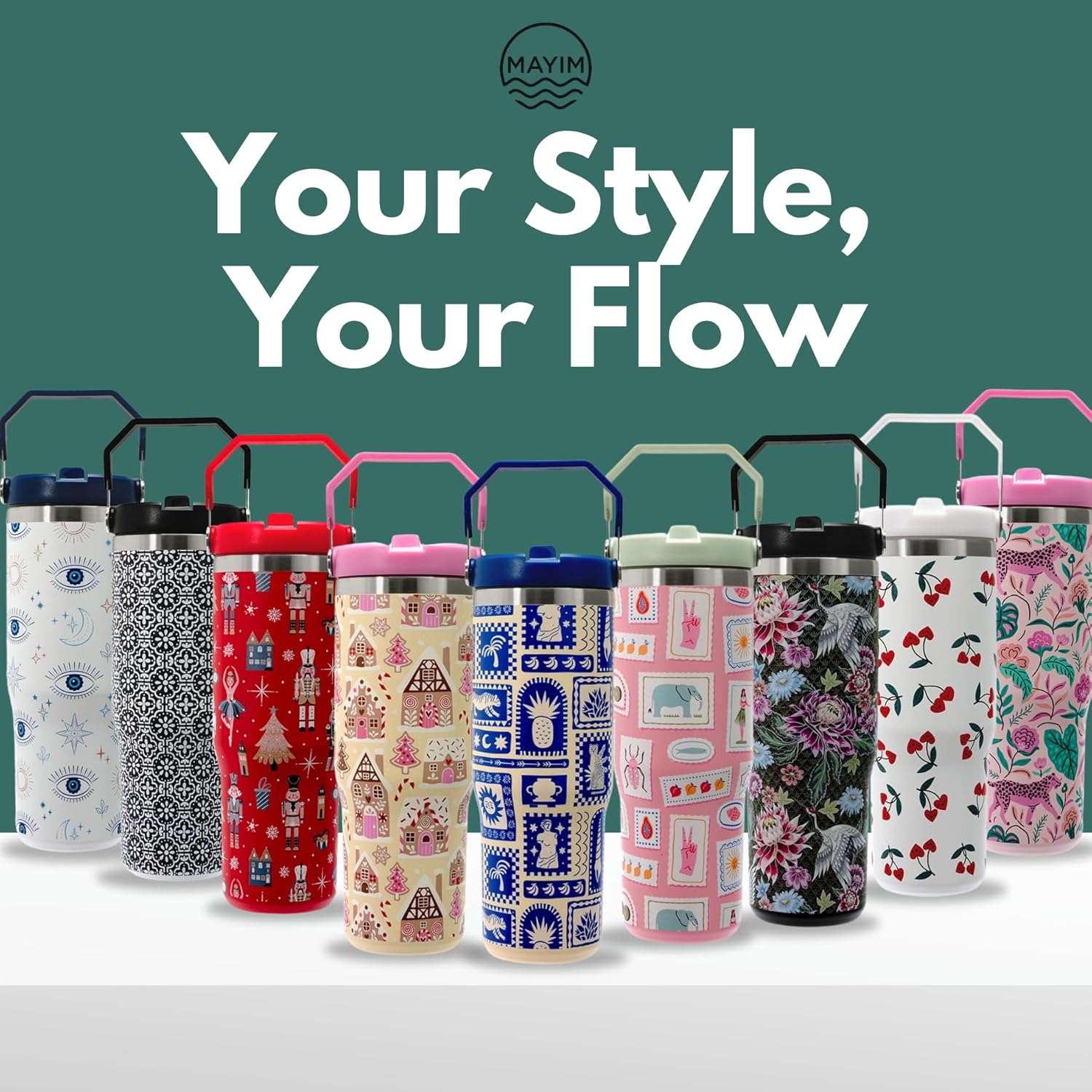 Mayim Adventure Flow- 30oz Vacuum Insulated Water Bottle with Handle & Flip Straw Lid- Fashion Stainless Steel Tumbler- Leak Resistant, BPA-Free, Cupholder Friendly (Blush – Peace & Postcards) - Image 9