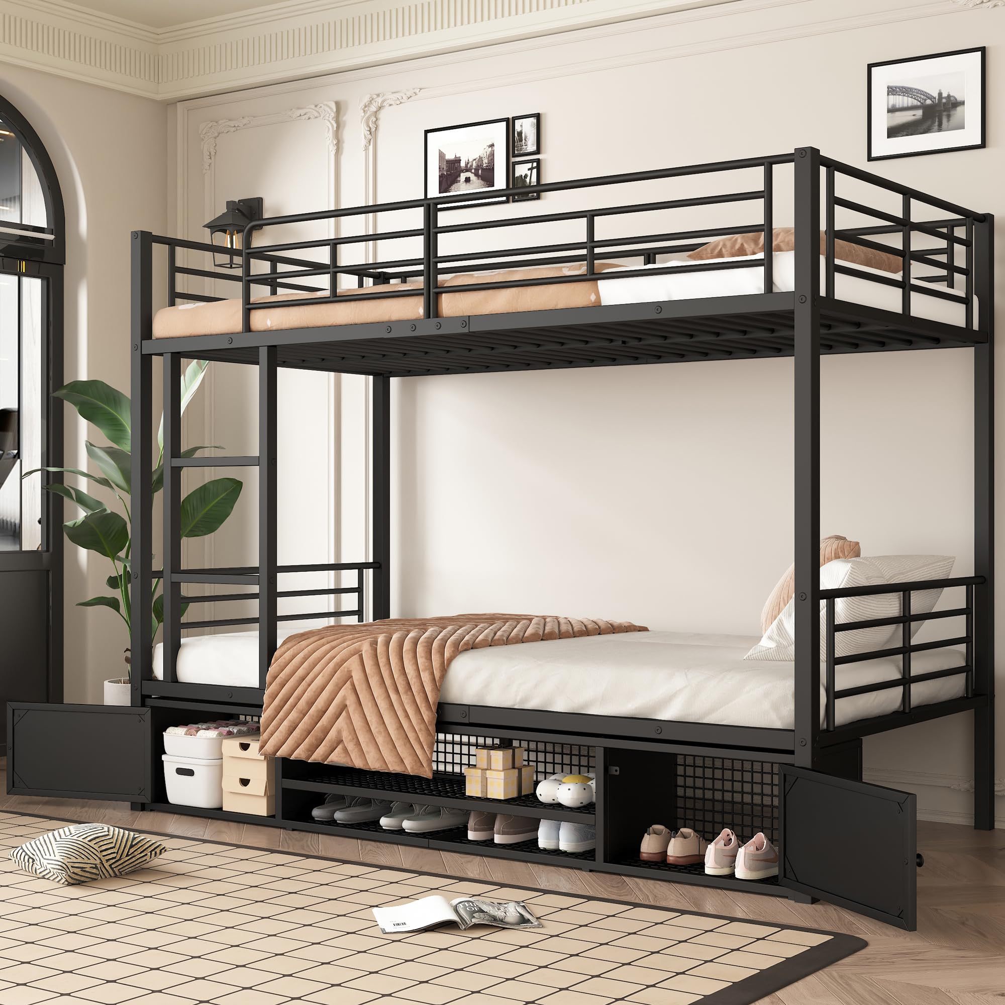 Cama con marco de hierro, litera, negro, 90 x 200 cm, zapatero abierto, armario de almacenamiento de doble puerta, con escalera lateral, rejilla protectora, sin colchón