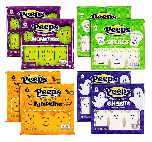 Peeps - Paquete variado de malvaviscos, 8 paquetes, 2 paquetes de cada uno, monstruos, calaveras, fantasmas y calabazas, 48 malvaviscos Peeps de